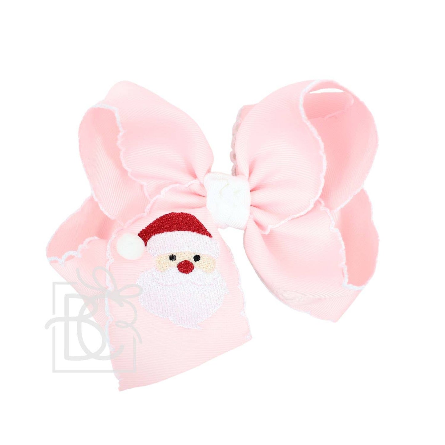 Beyond Creations, LLC - EMBROIDERED SANTA CROCHET EDGE BOWS: White w/ Light Pink Edge / 5.5" Huge