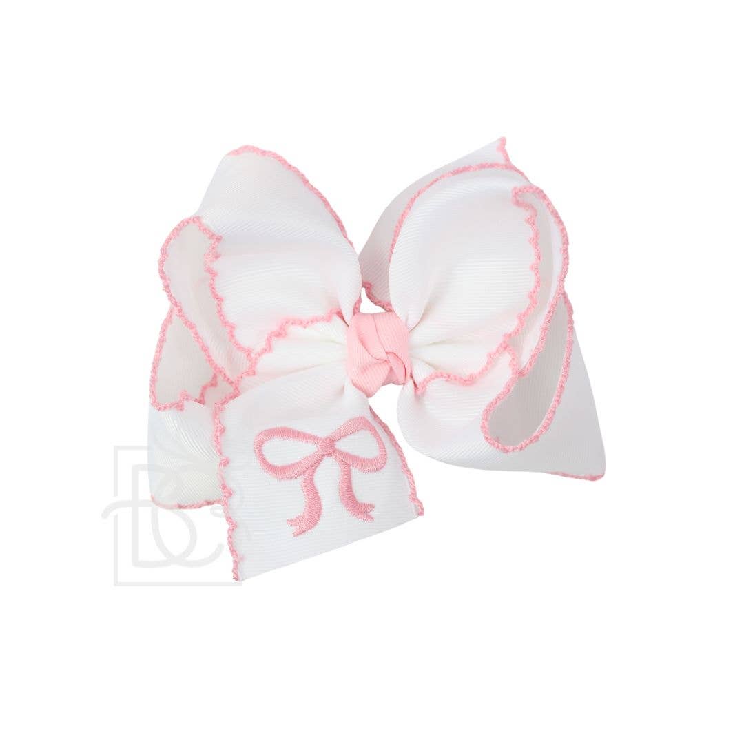 Beyond Creations, LLC - EMBROIDERED BOW CROCHET EDGE HAIR BOW ON ALLIGATOR CLIP : White w/ Light Pink Crochet Edge & Light Pink Embroidered Bow / 5.5" Huge