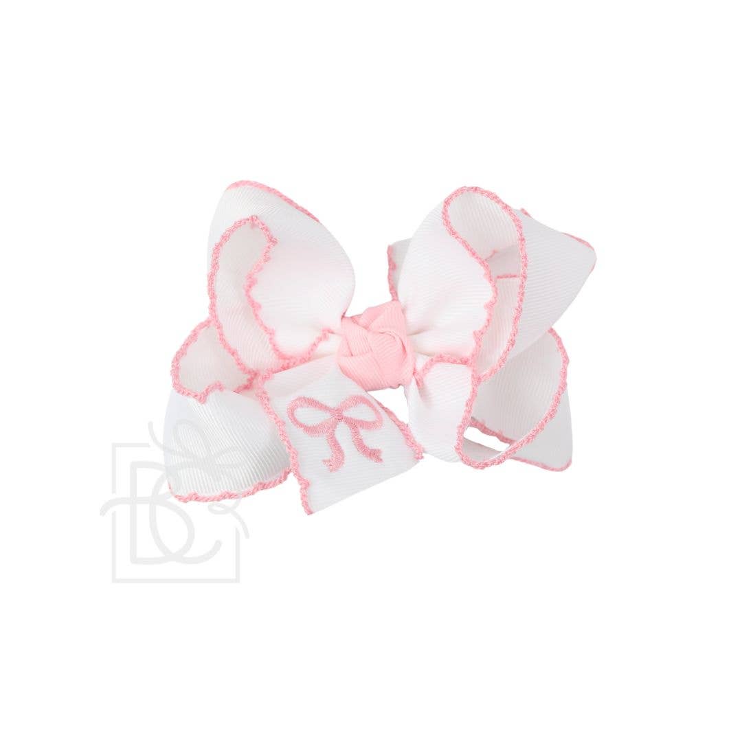 Beyond Creations, LLC - EMBROIDERED BOW CROCHET EDGE HAIR BOW ON ALLIGATOR CLIP : White w/ Light Pink Crochet Edge & Light Pink Embroidered Bow / 5.5" Huge