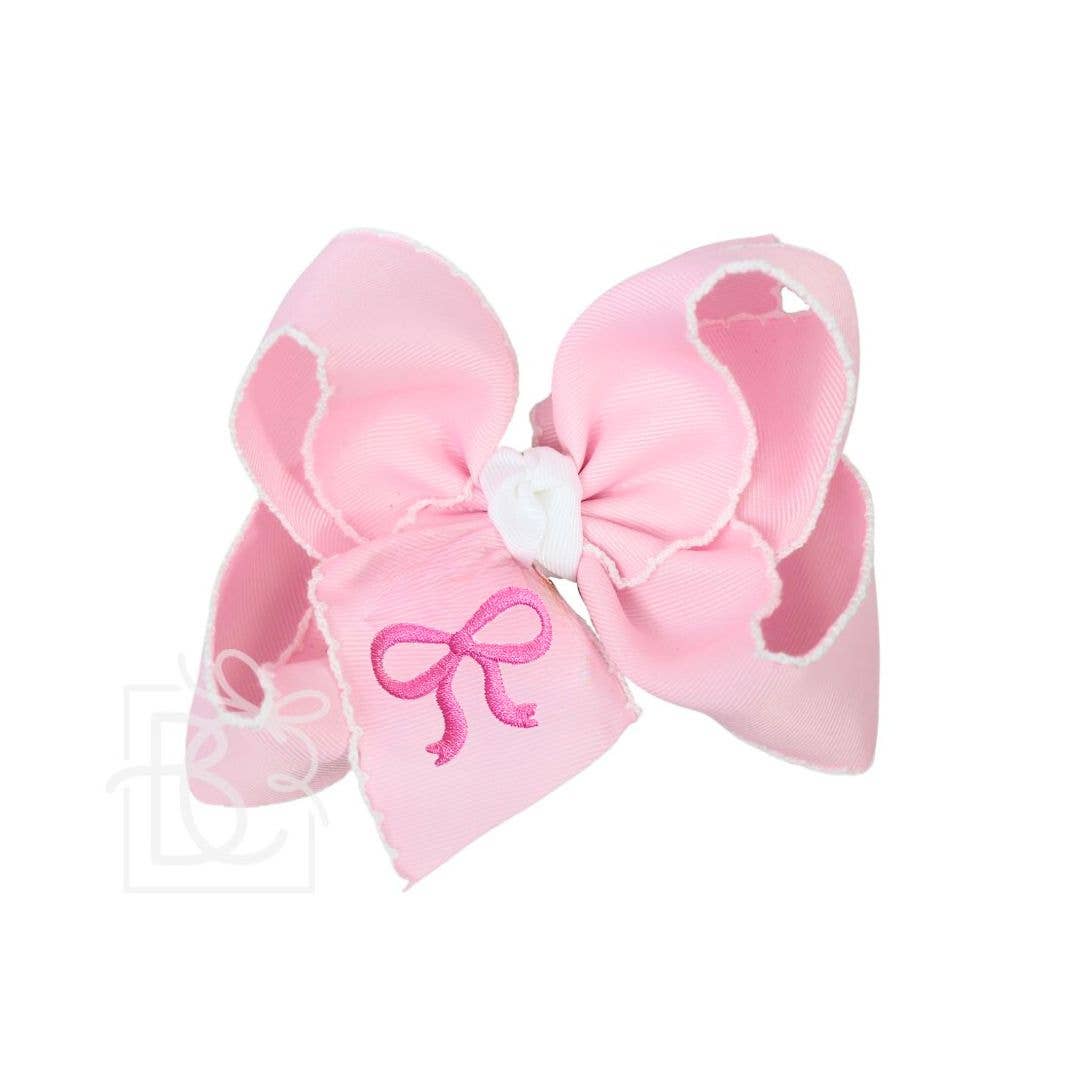 Beyond Creations, LLC - EMBROIDERED BOW CROCHET EDGE HAIR BOW ON ALLIGATOR CLIP : White w/ Light Pink Crochet Edge & Light Pink Embroidered Bow / 5.5" Huge
