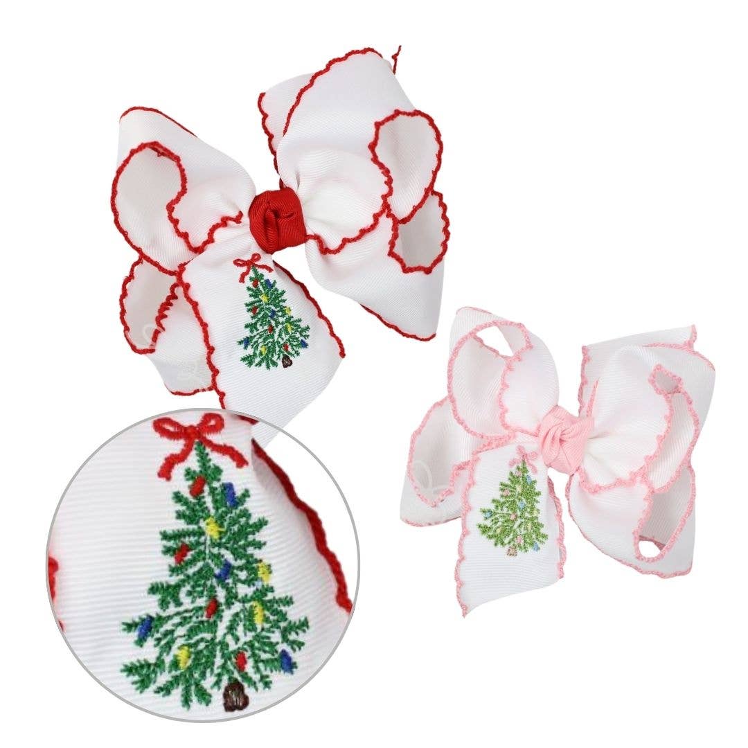 Beyond Creations, LLC - EMBROIDERED CHRISTMAS TREE CROCHET EDGE BOWS: White w/ Light Pink Crochet Edge / 5.5" Huge