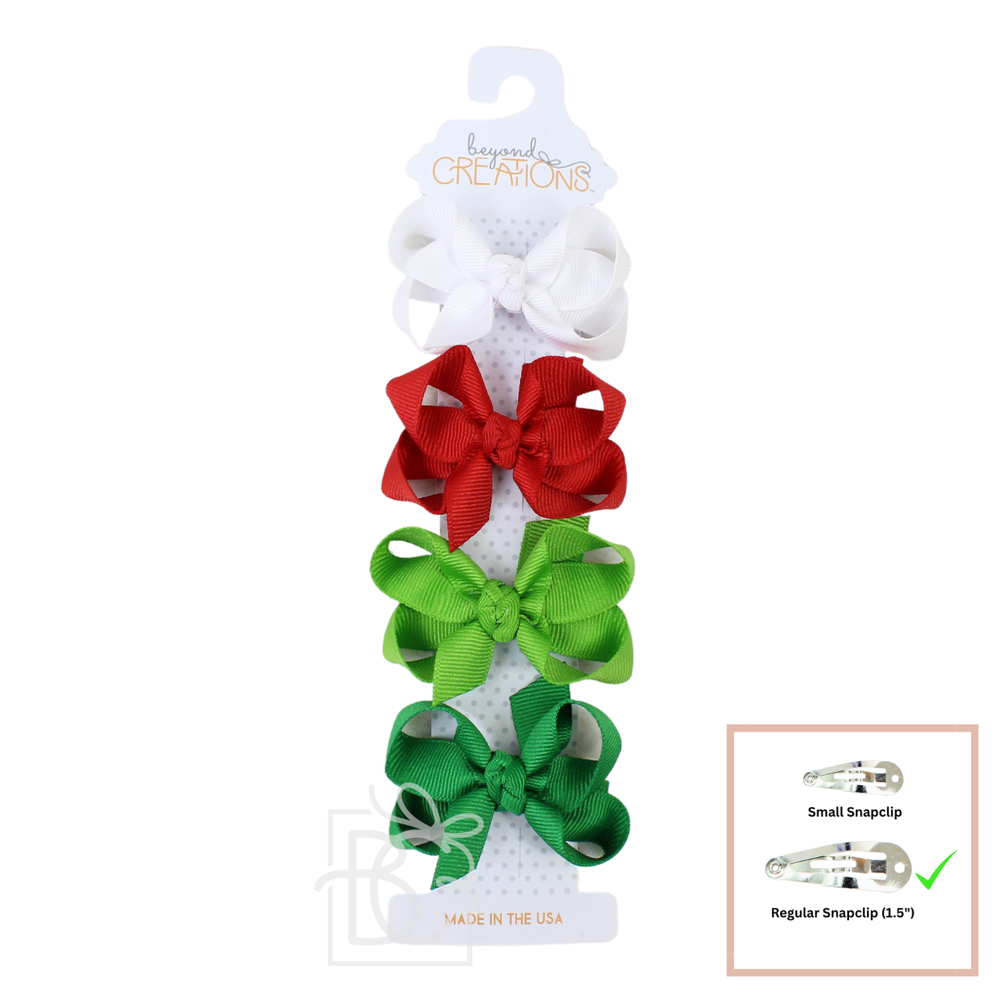 Beyond Creations, LLC - 4 PACK - 3" SMALL GROSGRAIN BOWS ON SNAP CLIP: Christmas 1 - 4 Pack: White; Red; Emerald; Forest Green