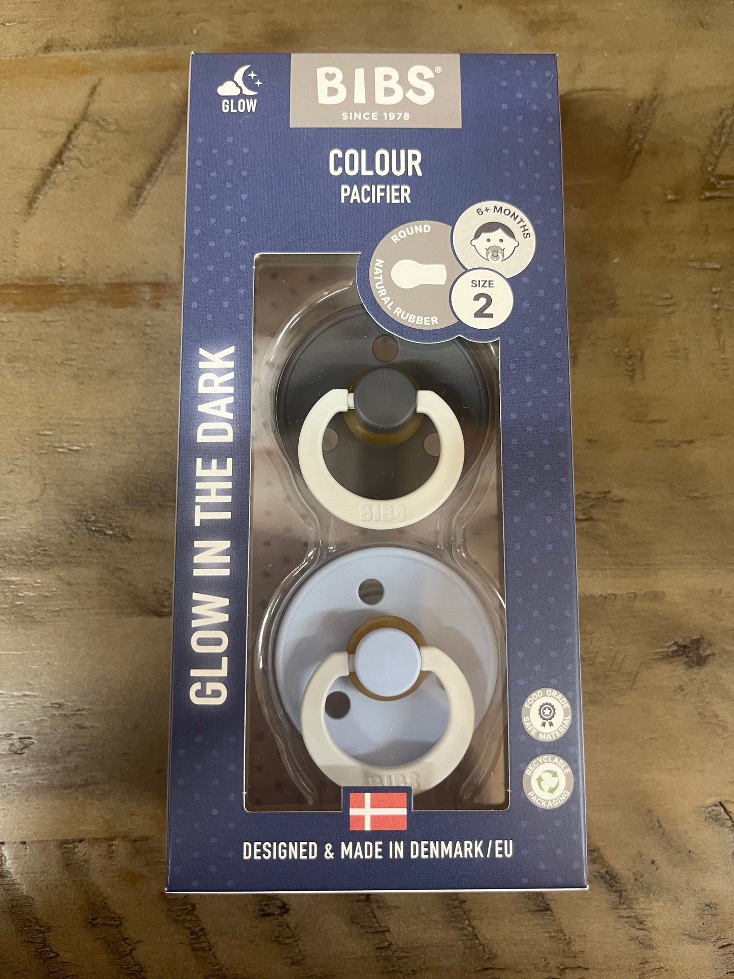 BIBS- 2 Pack, Iron Glow/ Baby Blue Glow Pacis: Size 2