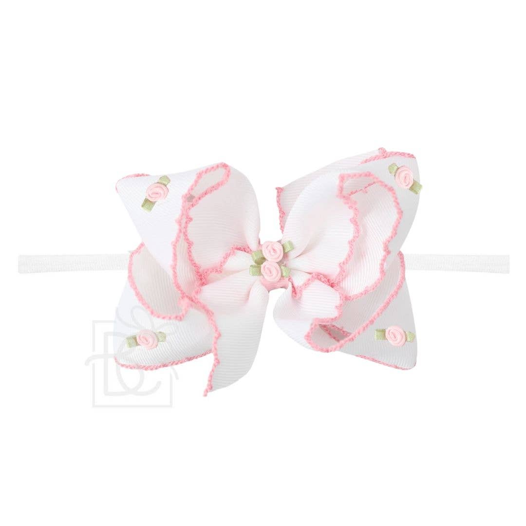 Beyond Creations, LLC - 1/4" PANTYHOSE HDBD W/ FLOWER EMBELLISHED CROCHET EDGE BOW: Antique White w/ Antique White Crochet Edge / 3.5" Medium