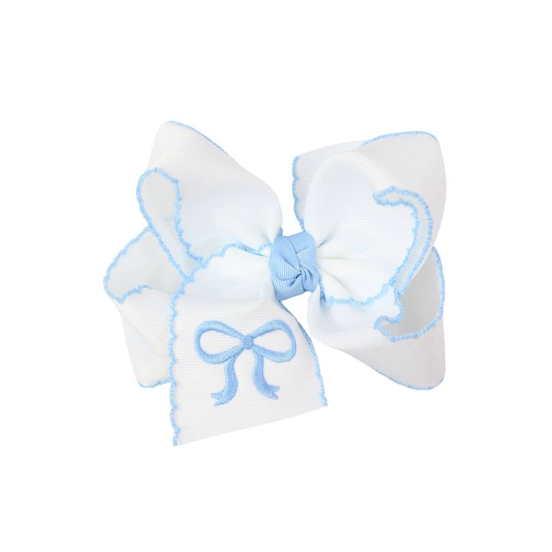 Beyond Creations, LLC - EMBROIDERED BOW CROCHET EDGE HAIR BOW ON ALLIGATOR CLIP : White w/ Light Pink Crochet Edge & Light Pink Embroidered Bow / 5.5" Huge