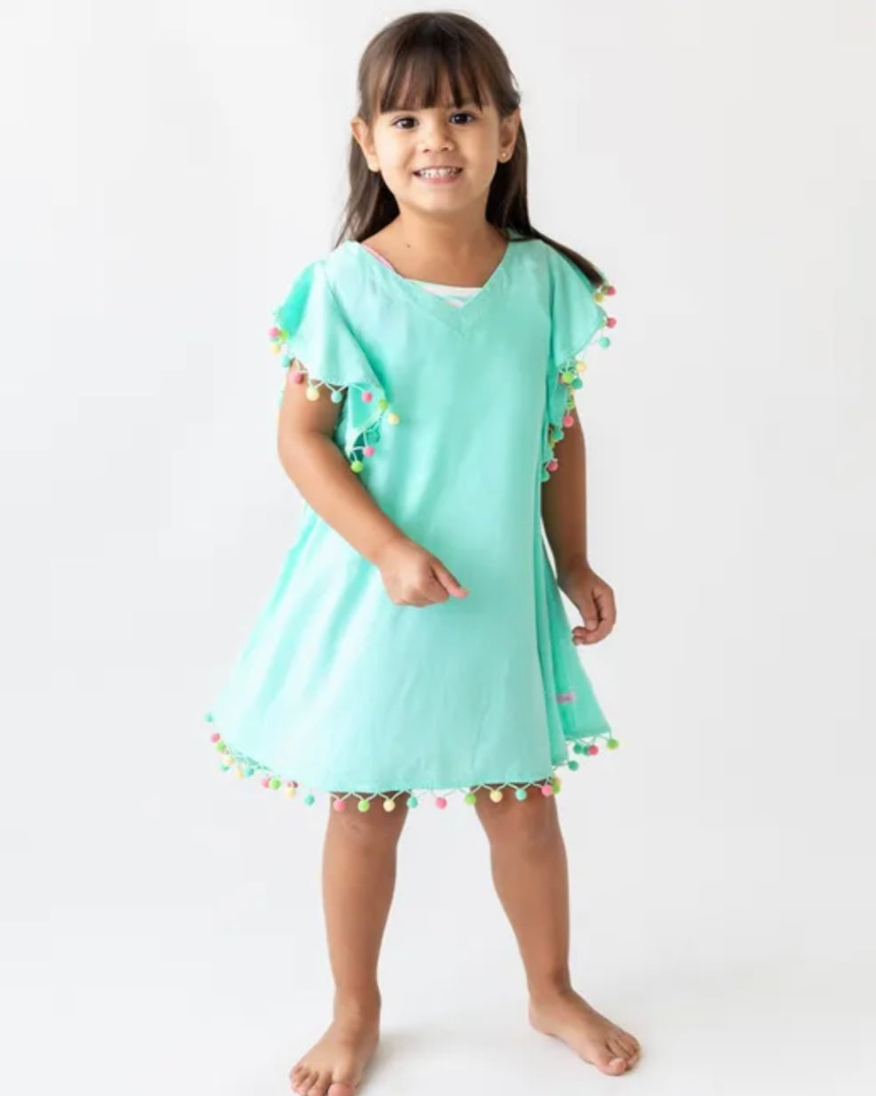 Ruffle Butts- Pom Pom Swim Cover Up-Island Blue