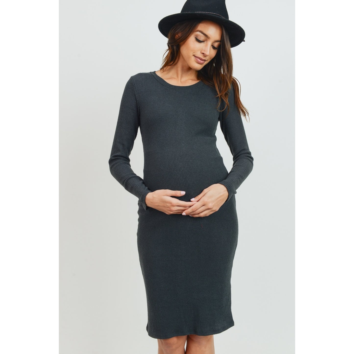 Hello Miz - Womens Knit Ribbed Long Sleeve Maternity Midi Dress- Dark Green