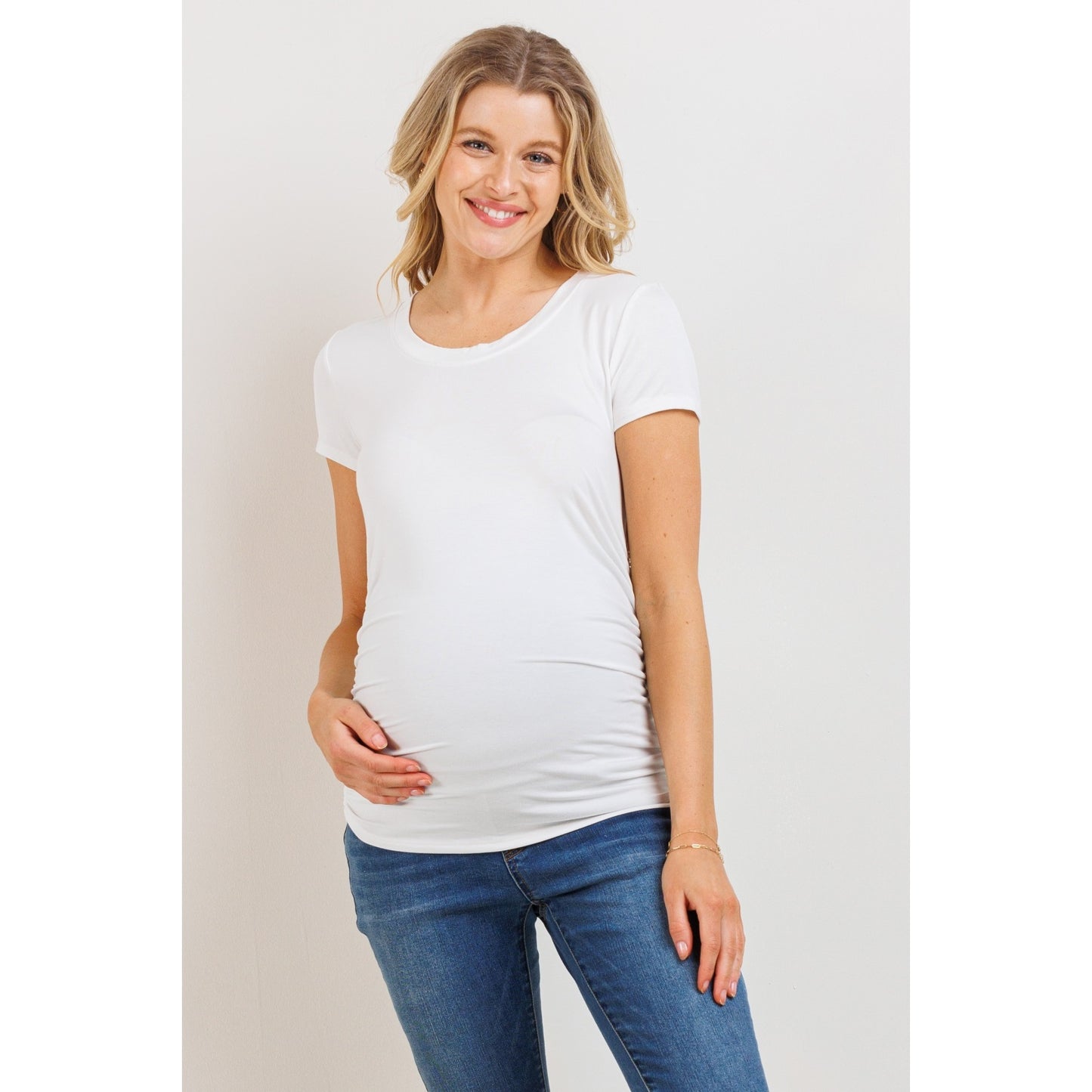 Hello Miz - Round Neck Ruched Side Maternity Top- White