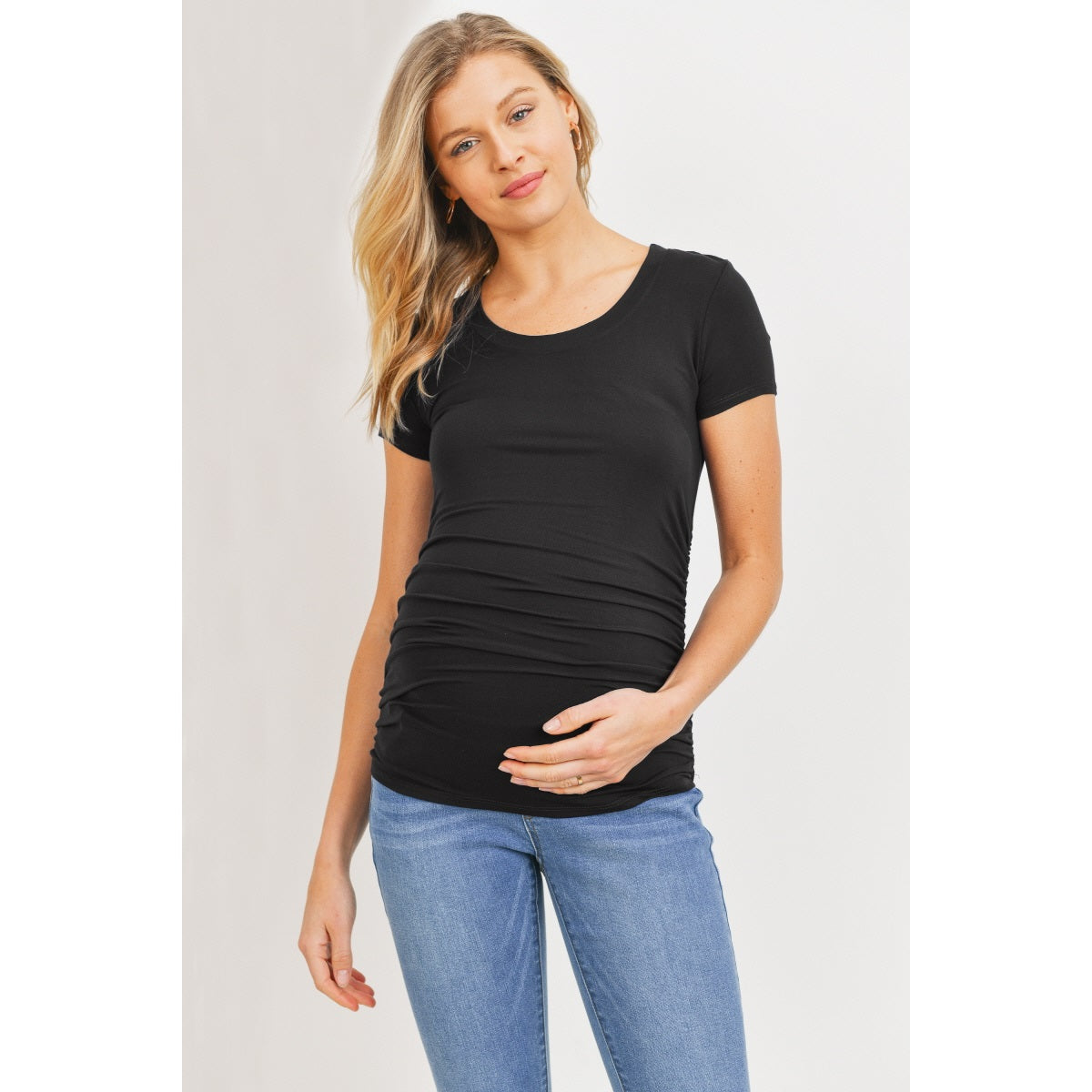 Hello Miz - Round Neck Ruched Side Maternity Top Black