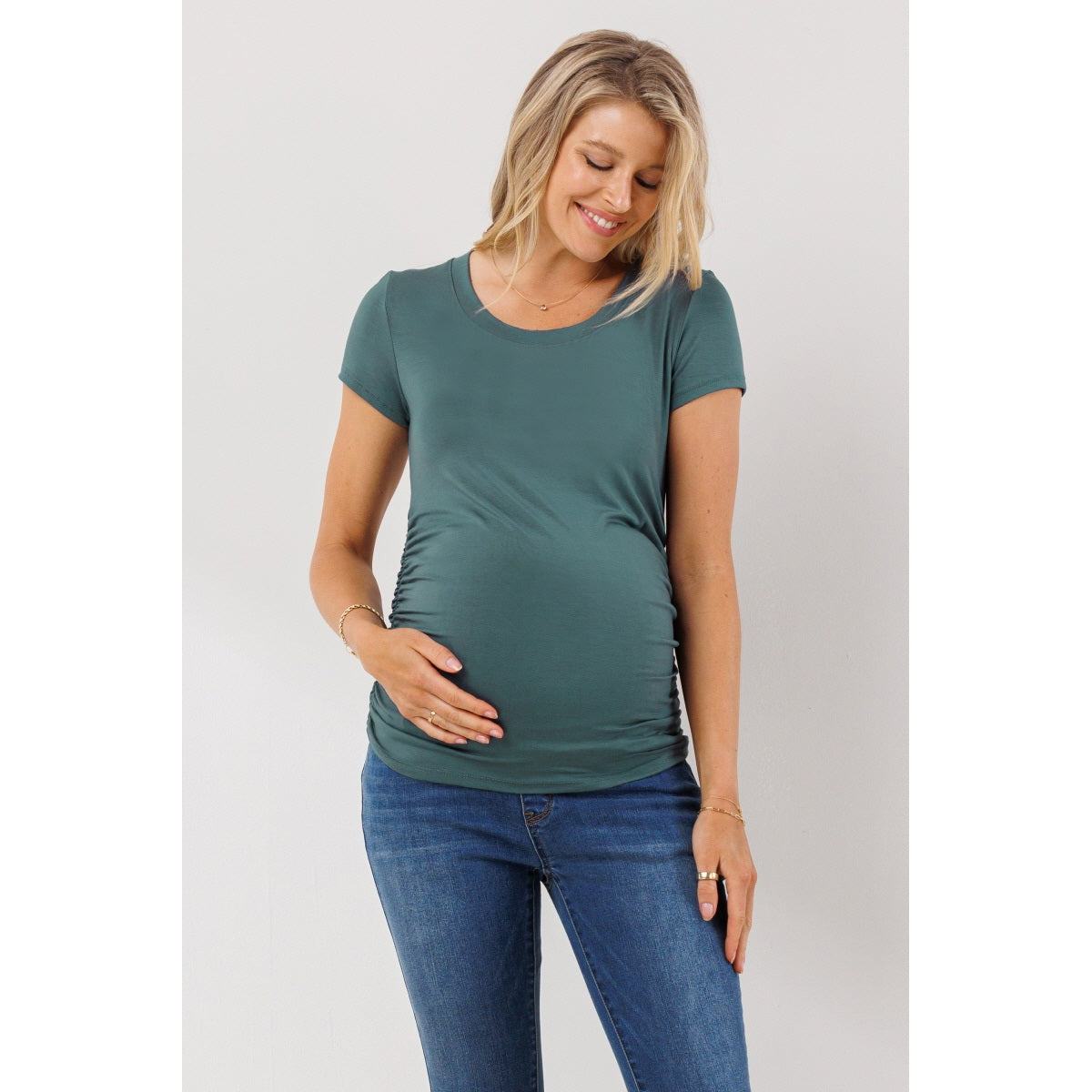 Hello Miz - Round Neck Ruched Side Maternity Top- Sea Blue