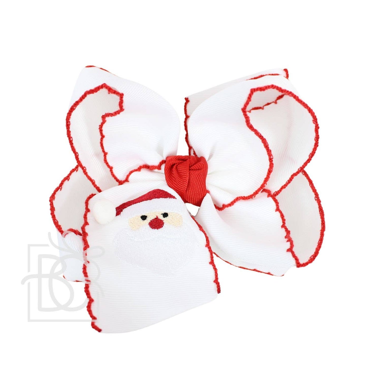 Beyond Creations, LLC - EMBROIDERED SANTA CROCHET EDGE BOWS: White w/ Light Pink Edge / 5.5" Huge