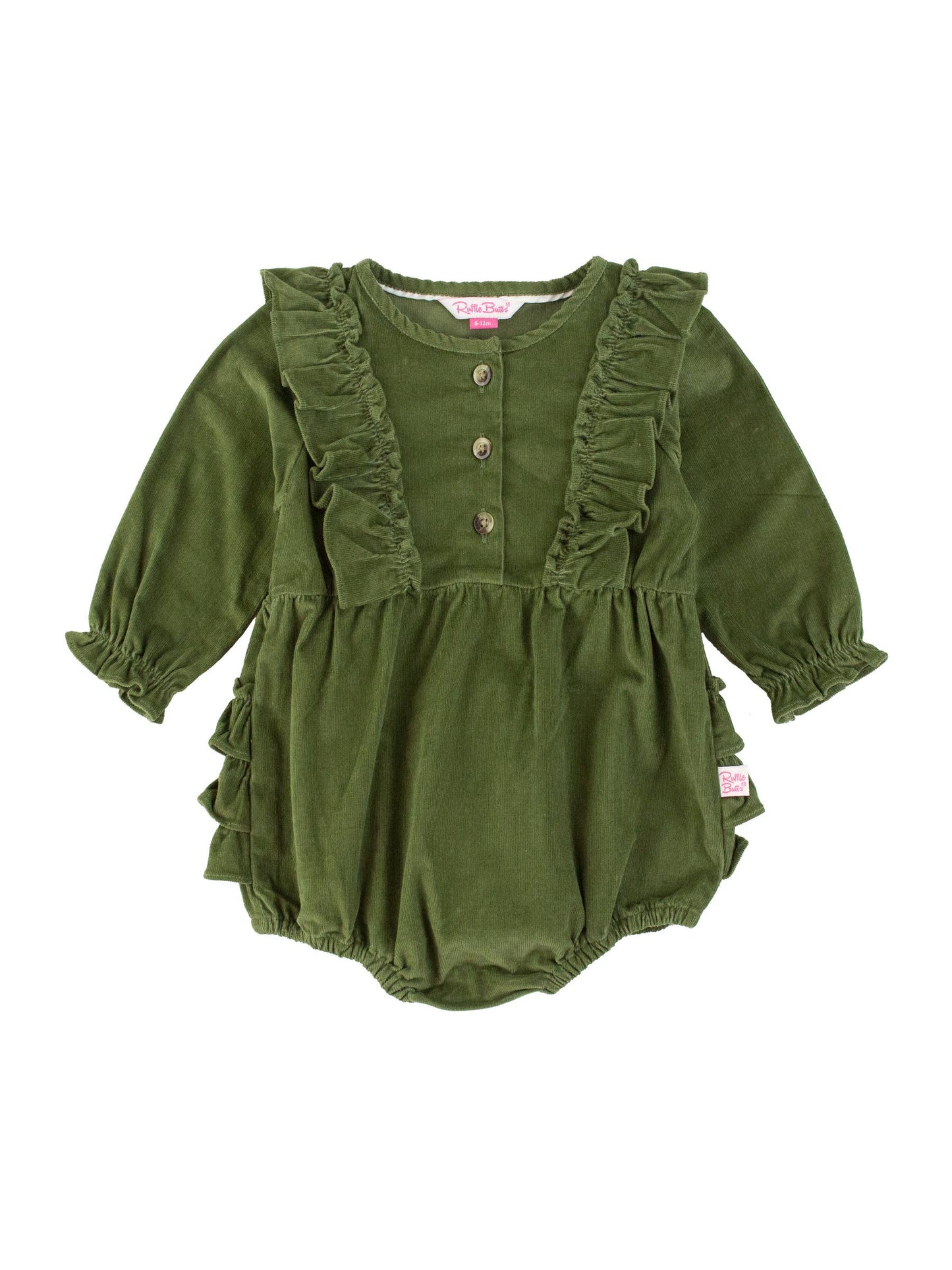 RuffleButts + RuggedButts - Baby Girls Dusty Olive Stretch Corduroy Waterfall Bubble Romper