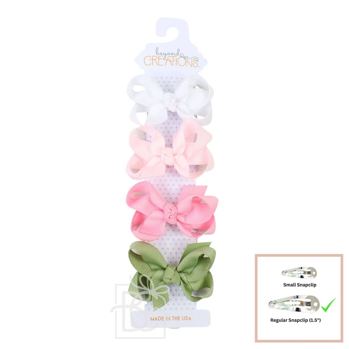 Beyond Creations, LLC - 4 PACK - 3" SMALL GROSGRAIN BOWS ON SNAP CLIP: Combo 1 - 4 Pack: White; Powder Pink; Pink; Powder Blue