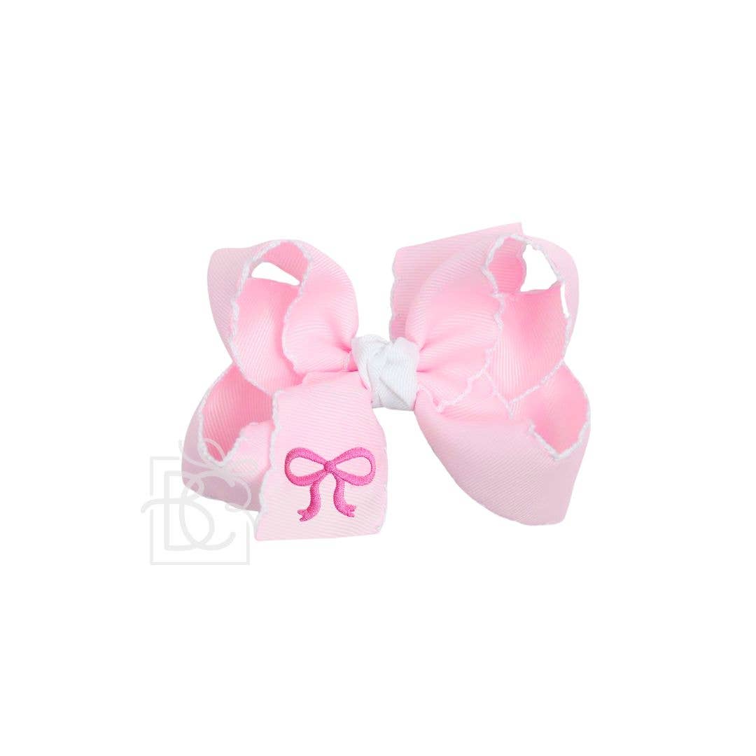 Beyond Creations, LLC - EMBROIDERED BOW CROCHET EDGE HAIR BOW ON ALLIGATOR CLIP : White w/ Light Pink Crochet Edge & Light Pink Embroidered Bow / 5.5" Huge