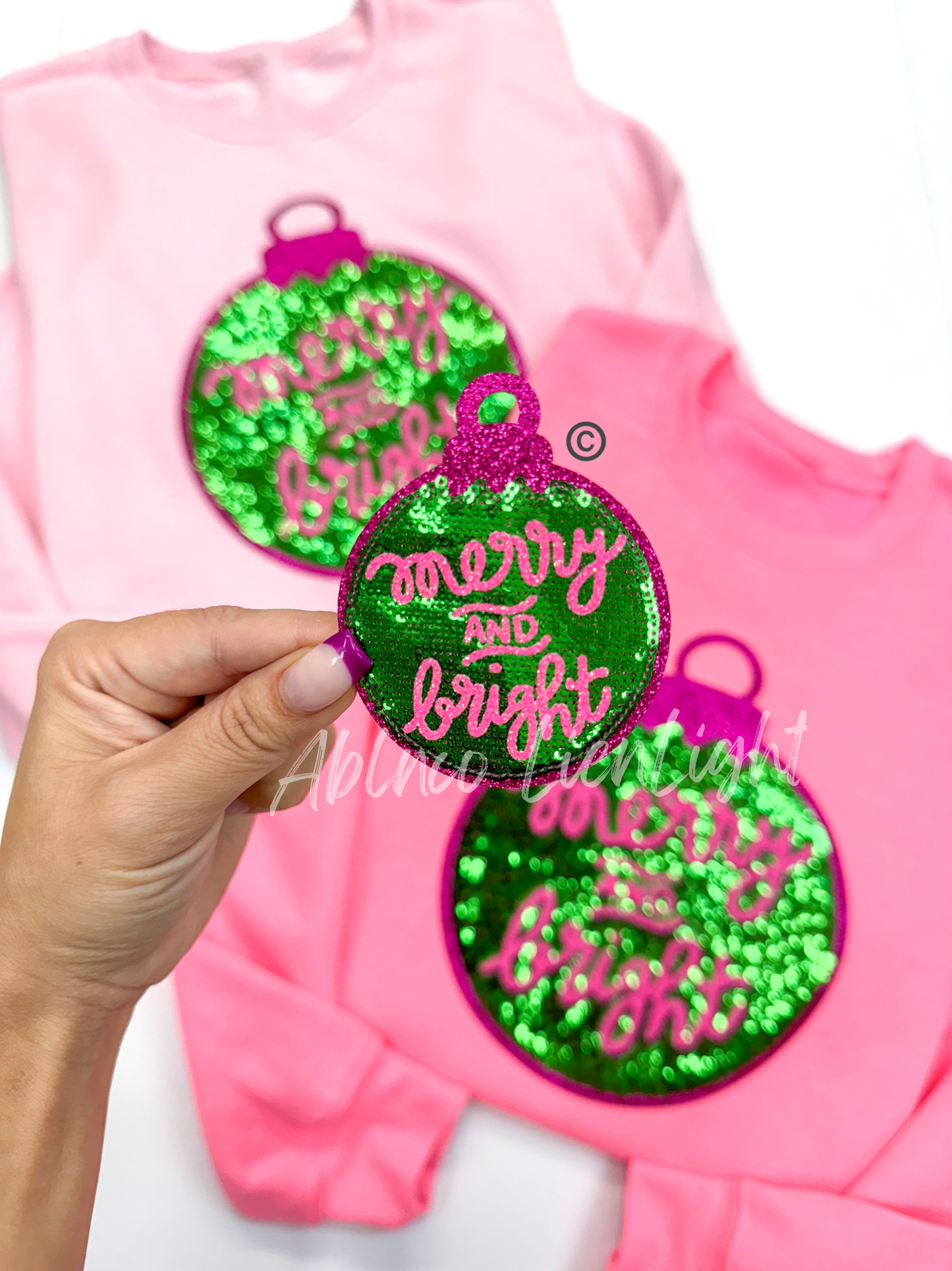 ABLN Boutique - Sequined Merry & Bright Ornament©️ Christmas-  Iron on Patch