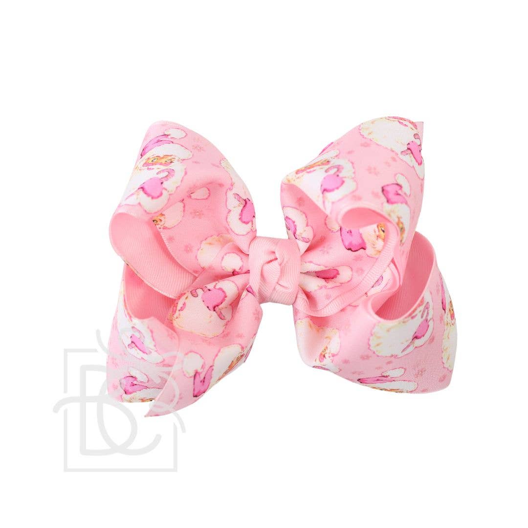 Beyond Creations, LLC - LAYERED LIGHT PINK SANTA PRINT HAIR BOW ON ALLIGATOR CLIP : 4.5" Large