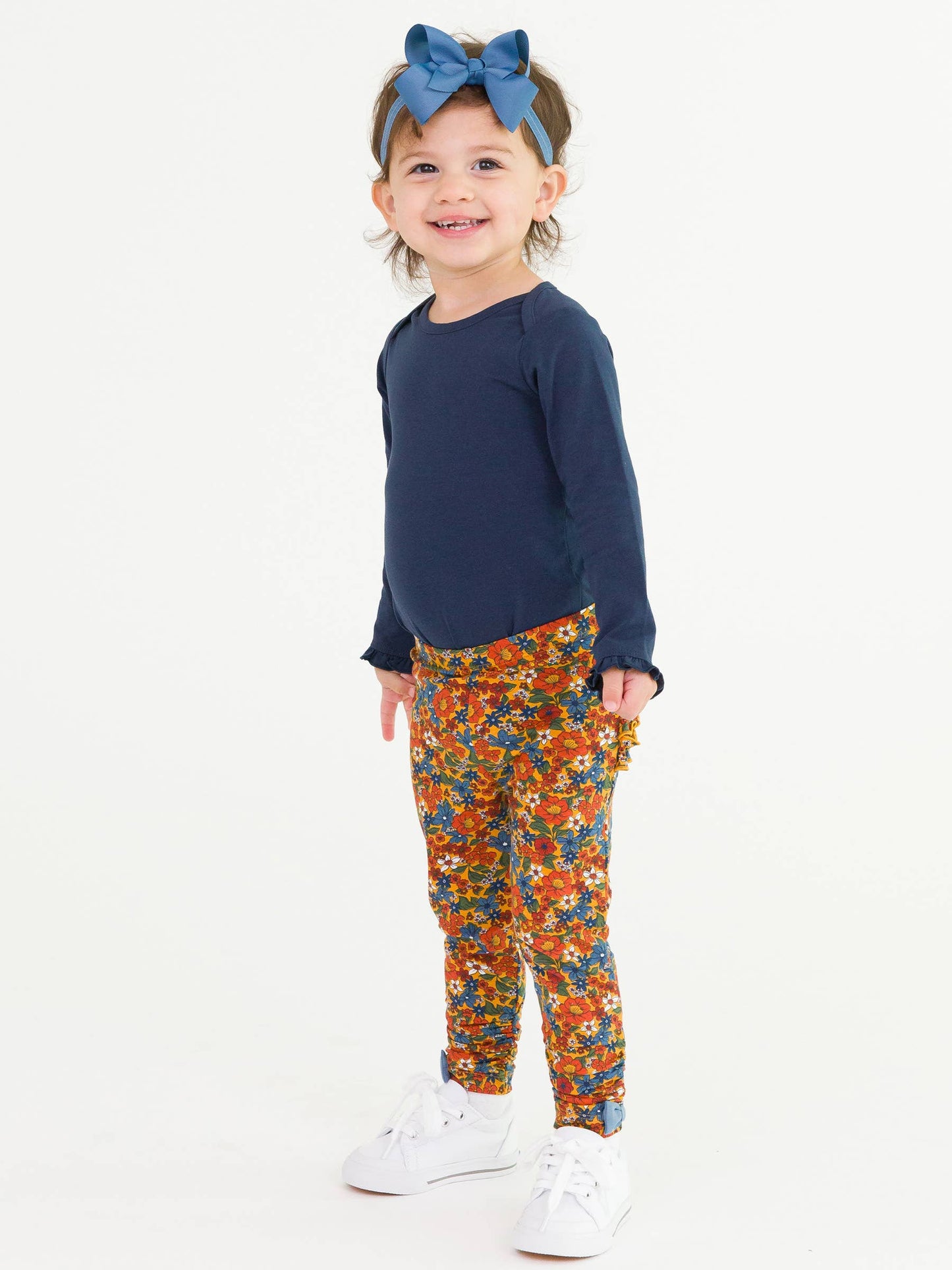 RuffleButts + RuggedButts - Baby Girls Golden Harvest Ruched Bow Leggings