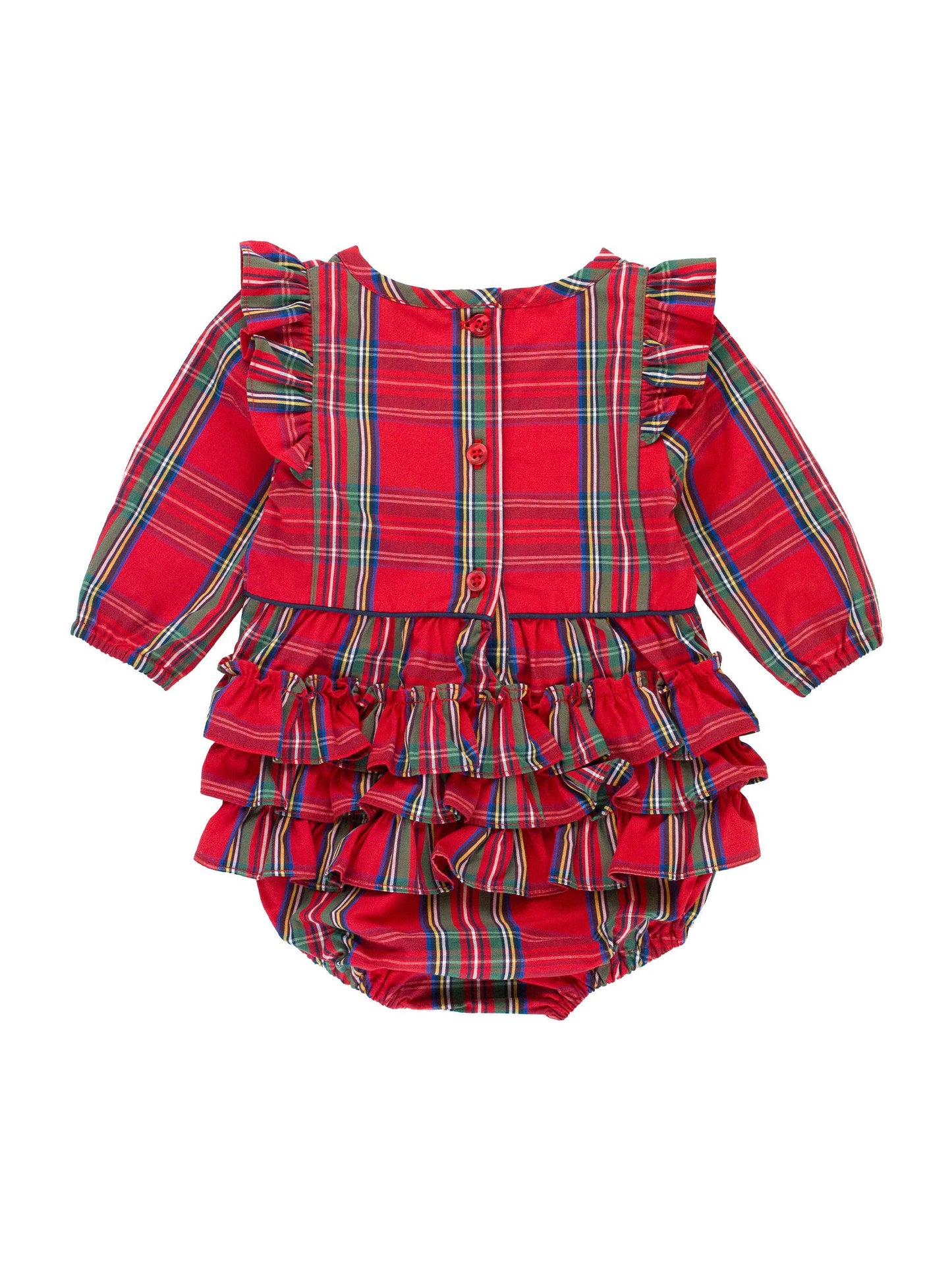 RuffleButts + RuggedButts - Baby Girls Tis The Season Plaid Long Sleeve Ruffle Trim Bubble Romper