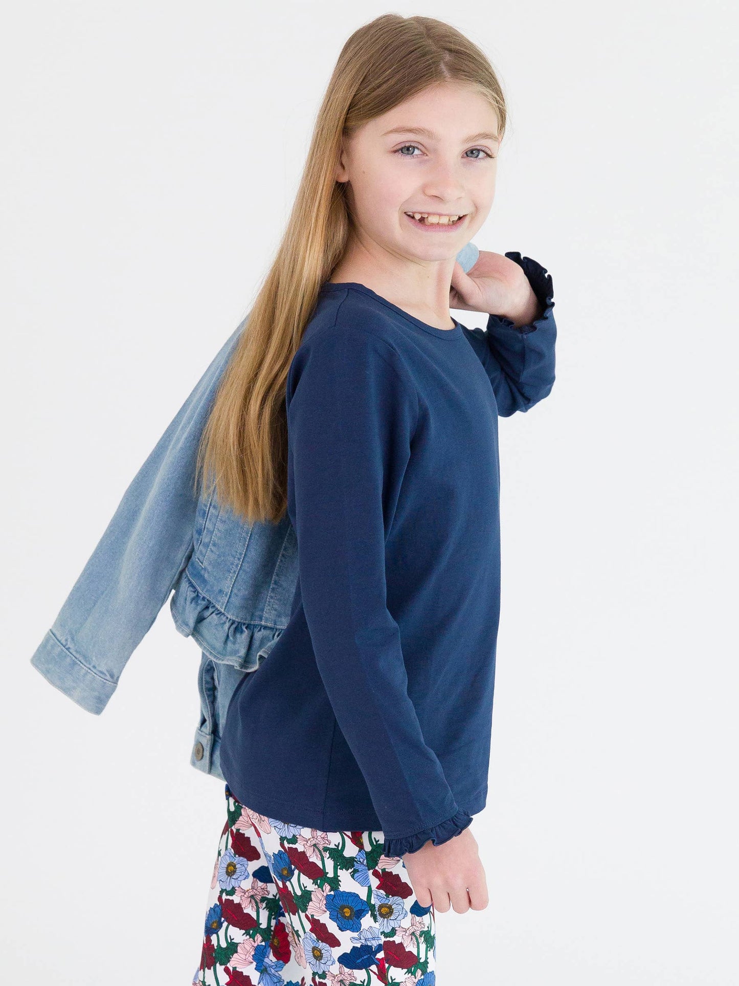 RuffleButts + RuggedButts - Girls Dark Navy Knit Long Sleeve Ruffle Sleeve Top