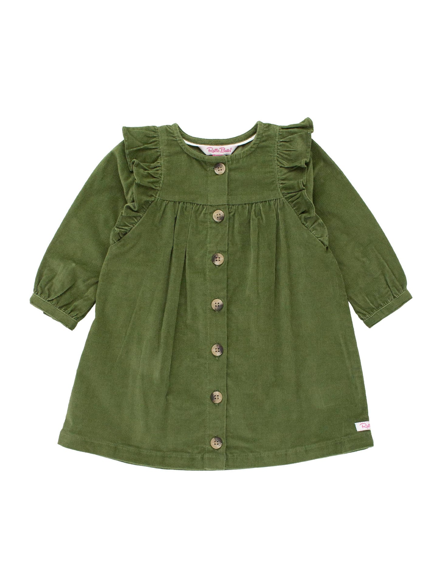 RuffleButts + RuggedButts - Girls Dusty Olive Stretch Corduroy Ruffle Detail Dress