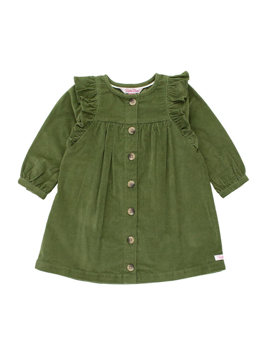 RuffleButts + RuggedButts - Girls Dusty Olive Stretch Corduroy Ruffle Detail Dress