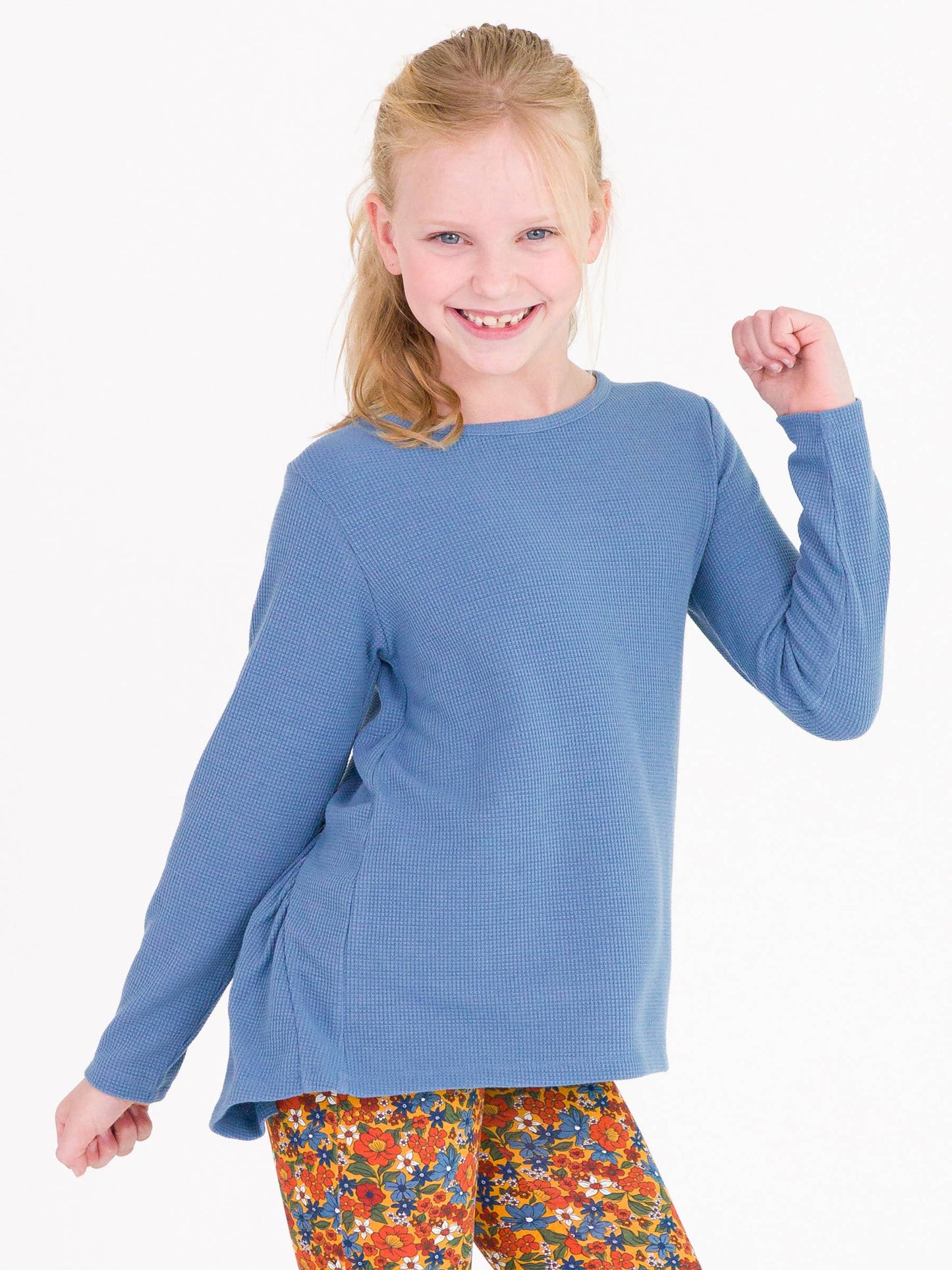 RuffleButts + RuggedButts - Girls Countryside Blue Waffle Knit Long Sleeve Bow Back Top