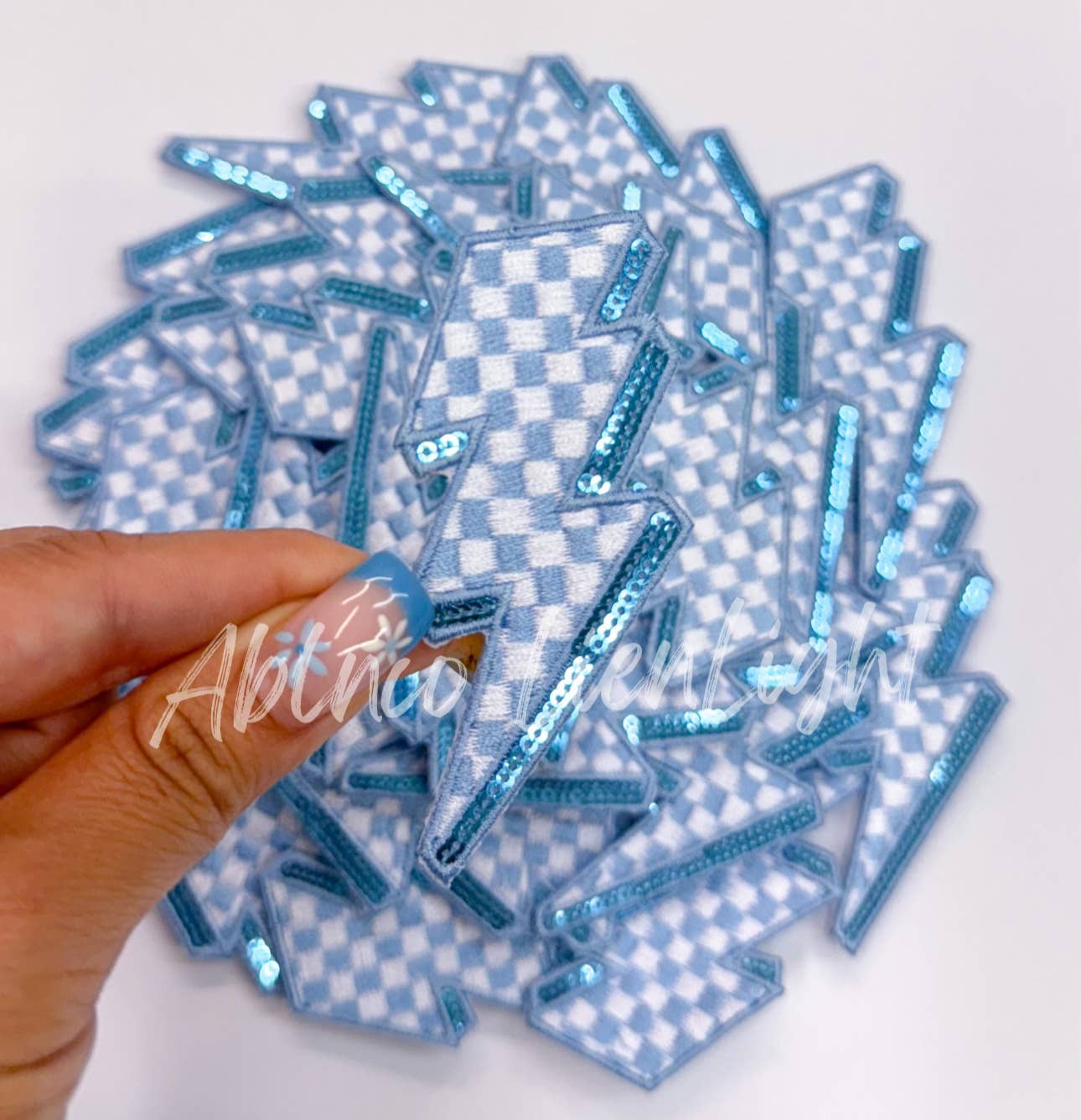 ABLN Boutique - Light Blue Checkered Lightning Bolt- Iron on Patch