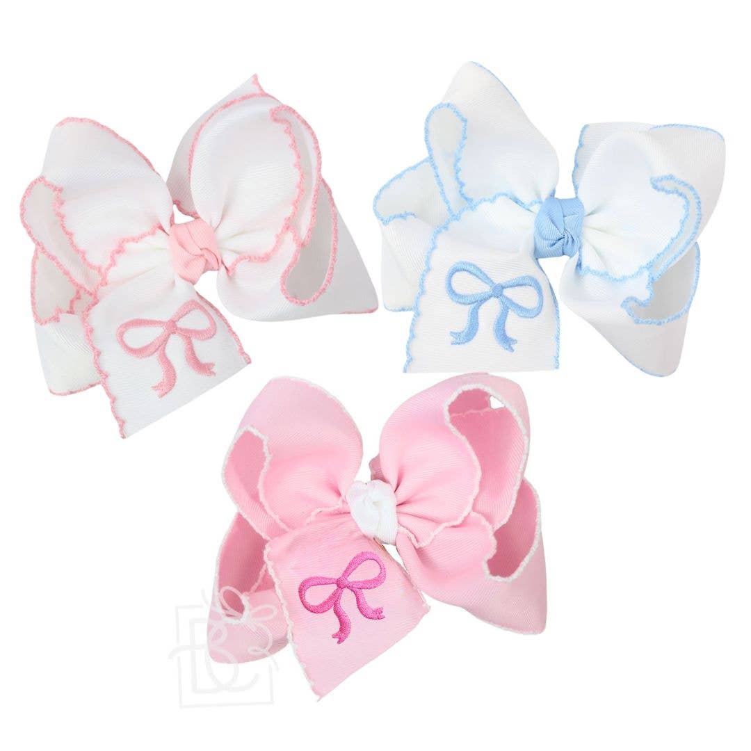 Beyond Creations, LLC - EMBROIDERED BOW CROCHET EDGE HAIR BOW ON ALLIGATOR CLIP : White w/ Light Pink Crochet Edge & Light Pink Embroidered Bow / 5.5" Huge