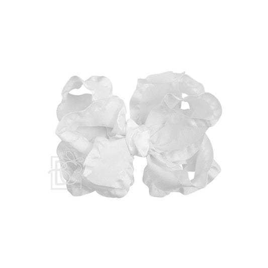 Beyond Creations, LLC - DOUBLE RUFFLE BOW ON CLIP: 5.5" Large - 1.5" Ribbon on Alligator Clip / WHITE