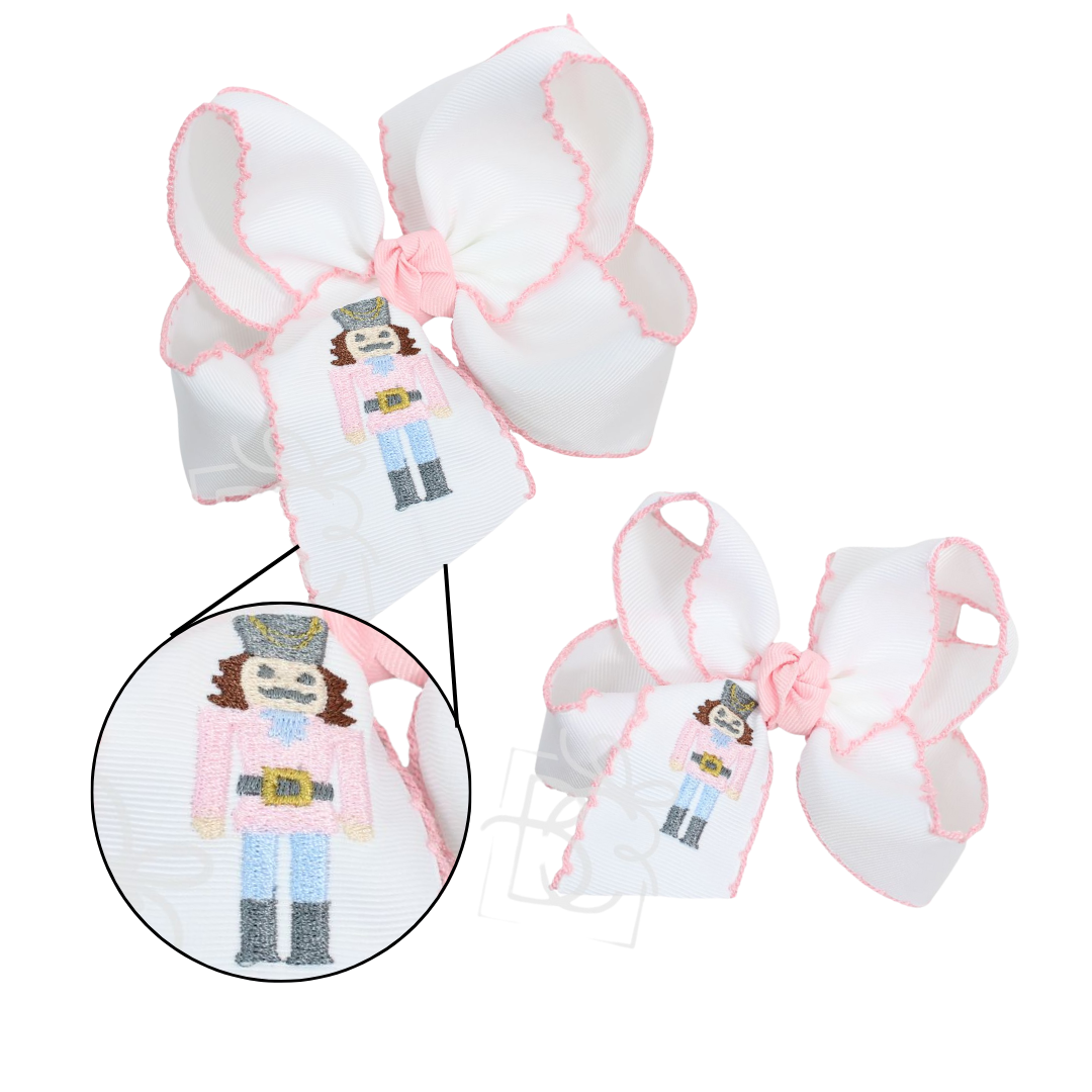 Beyond Creations, LLC - EMBROIDERED NUTCRACKER CROCHET EDGE BOWS: 5.5" Huge / White/ Light Pink Crochet Edge w/ Embroidered Nutcracker
