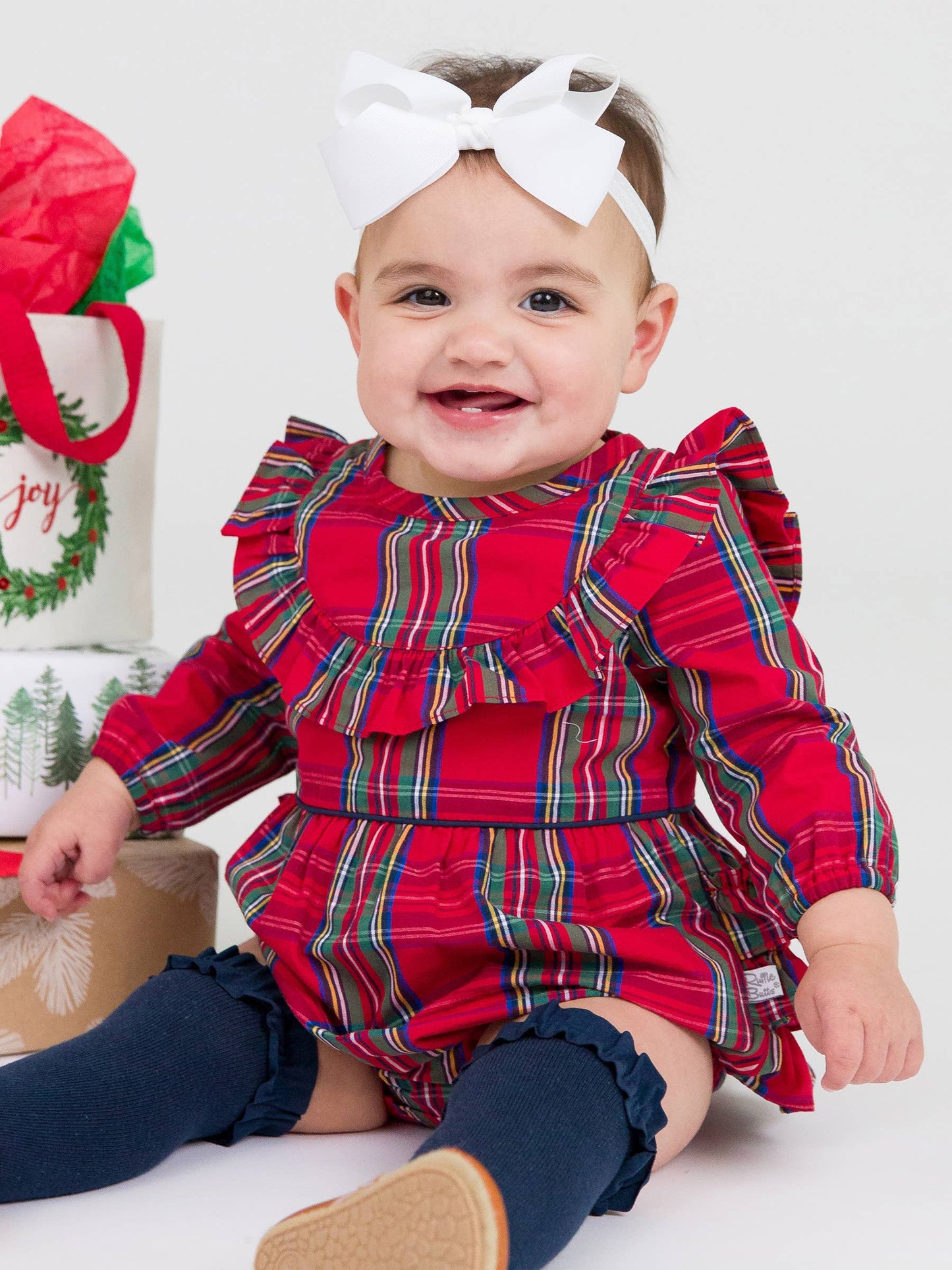 RuffleButts + RuggedButts - Baby Girls Tis The Season Plaid Long Sleeve Ruffle Trim Bubble Romper