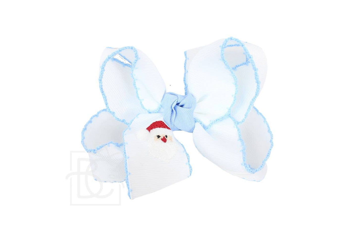 Beyond Creations, LLC - EMBROIDERED SANTA CROCHET EDGE BOWS: White w/ Light Pink Edge / 5.5" Huge