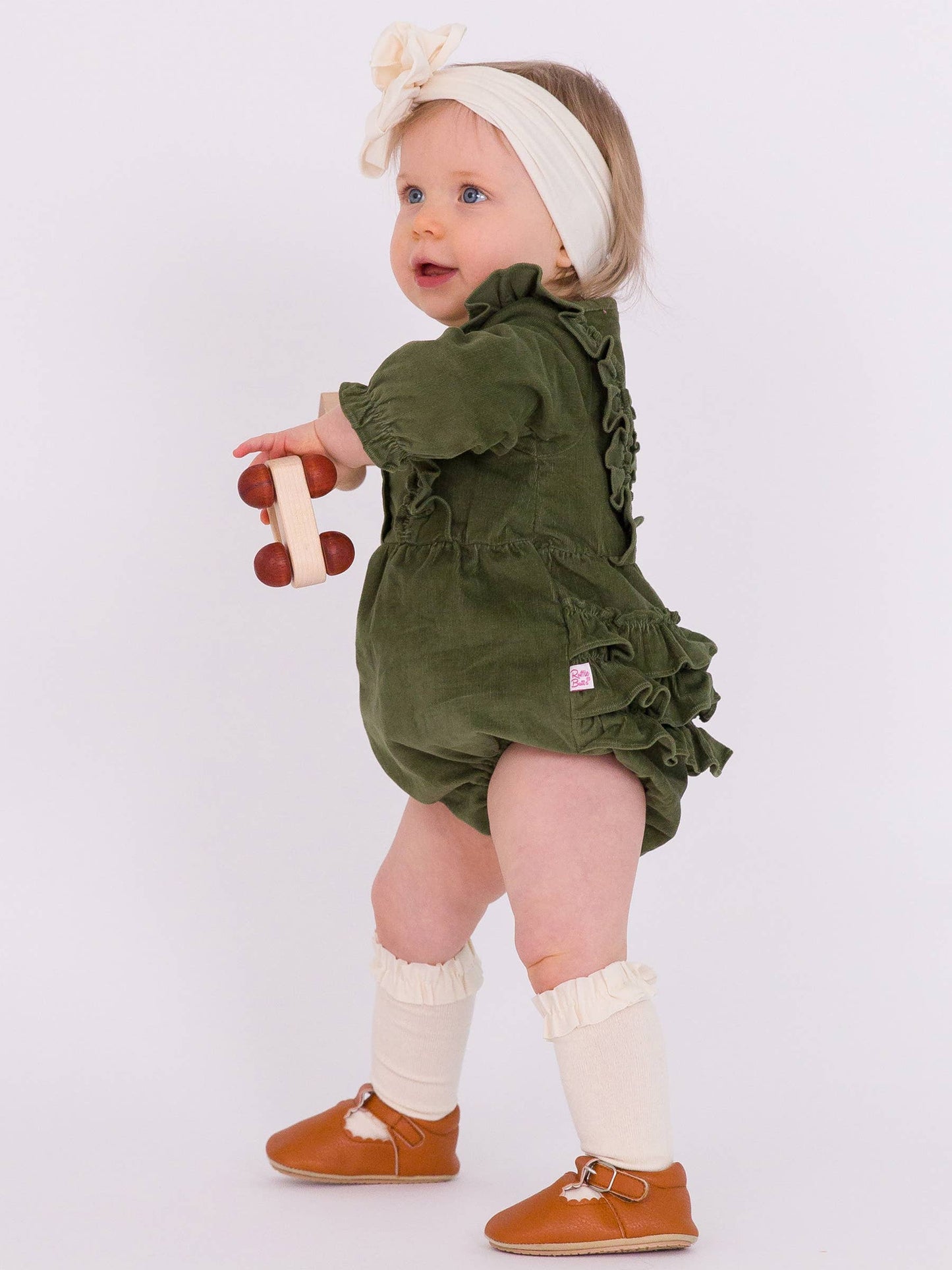 RuffleButts + RuggedButts - Baby Girls Dusty Olive Stretch Corduroy Waterfall Bubble Romper