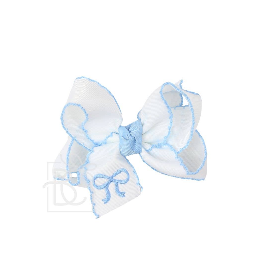 Beyond Creations, LLC - EMBROIDERED BOW CROCHET EDGE HAIR BOW ON ALLIGATOR CLIP : White w/ Light Pink Crochet Edge & Light Pink Embroidered Bow / 5.5" Huge