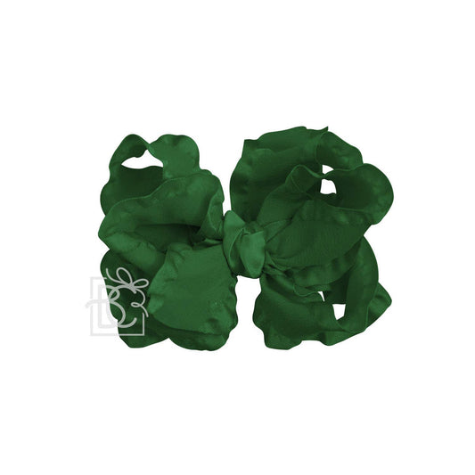 Beyond Creations, LLC - DOUBLE RUFFLE BOW ON CLIP: 5.5" Large - 1.5" Ribbon on Alligator Clip / FOREST GREEN