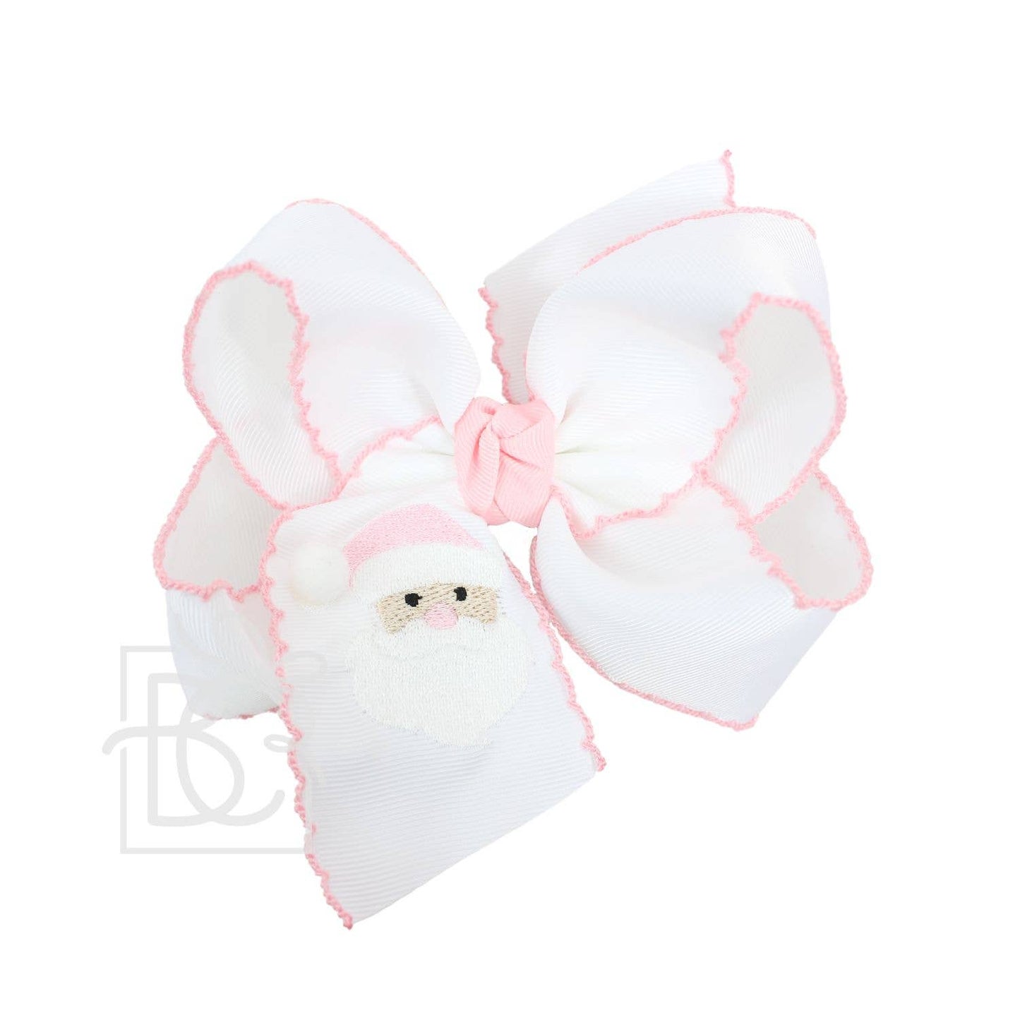 Beyond Creations, LLC - EMBROIDERED SANTA CROCHET EDGE BOWS: White w/ Light Pink Edge / 5.5" Huge