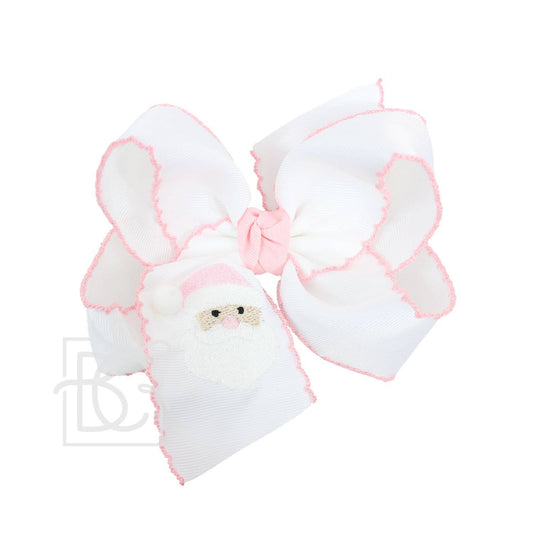 Beyond Creations, LLC - EMBROIDERED SANTA CROCHET EDGE BOWS: White w/ Light Pink Edge / 5.5" Huge