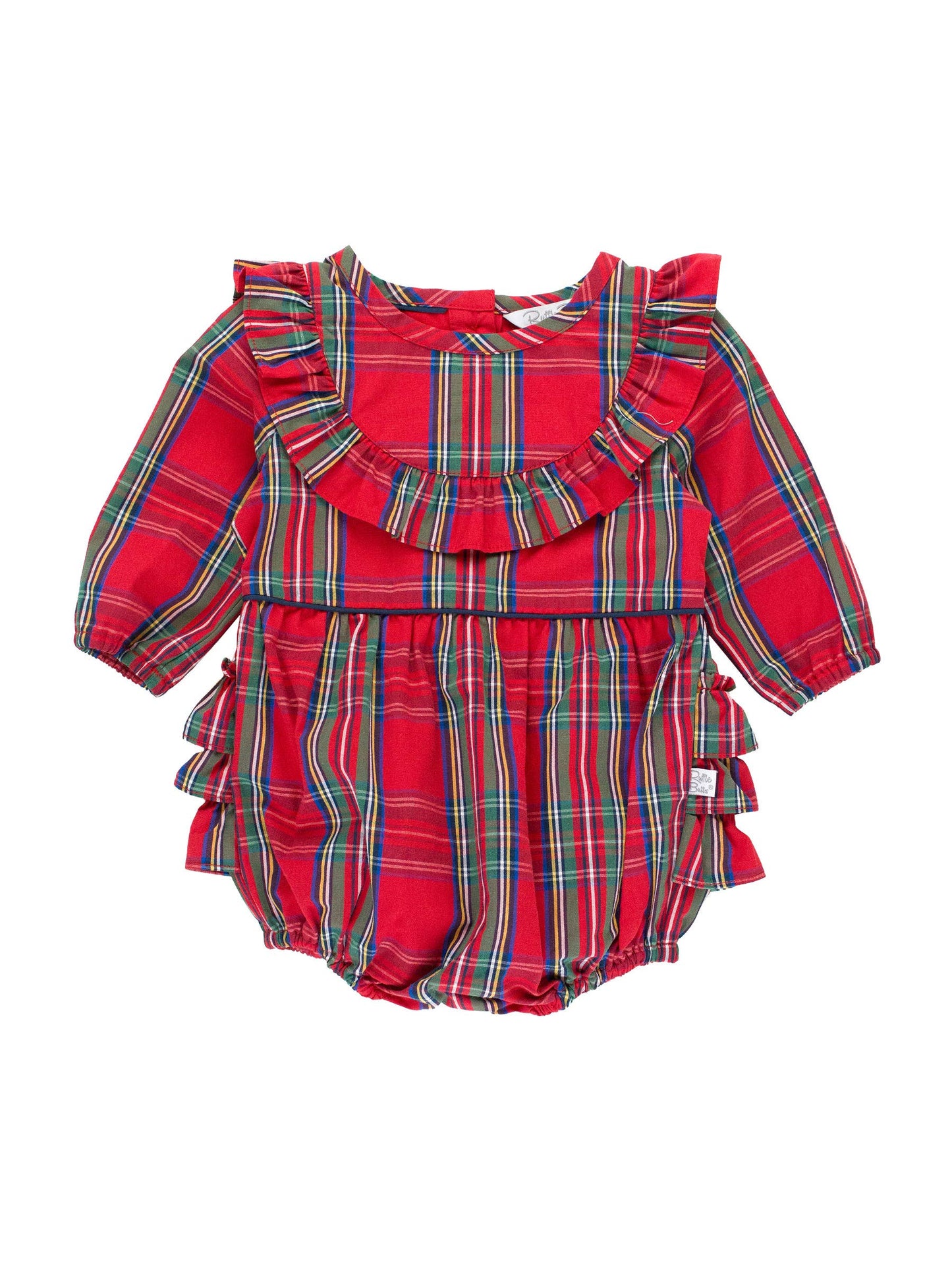 RuffleButts + RuggedButts - Baby Girls Tis The Season Plaid Long Sleeve Ruffle Trim Bubble Romper