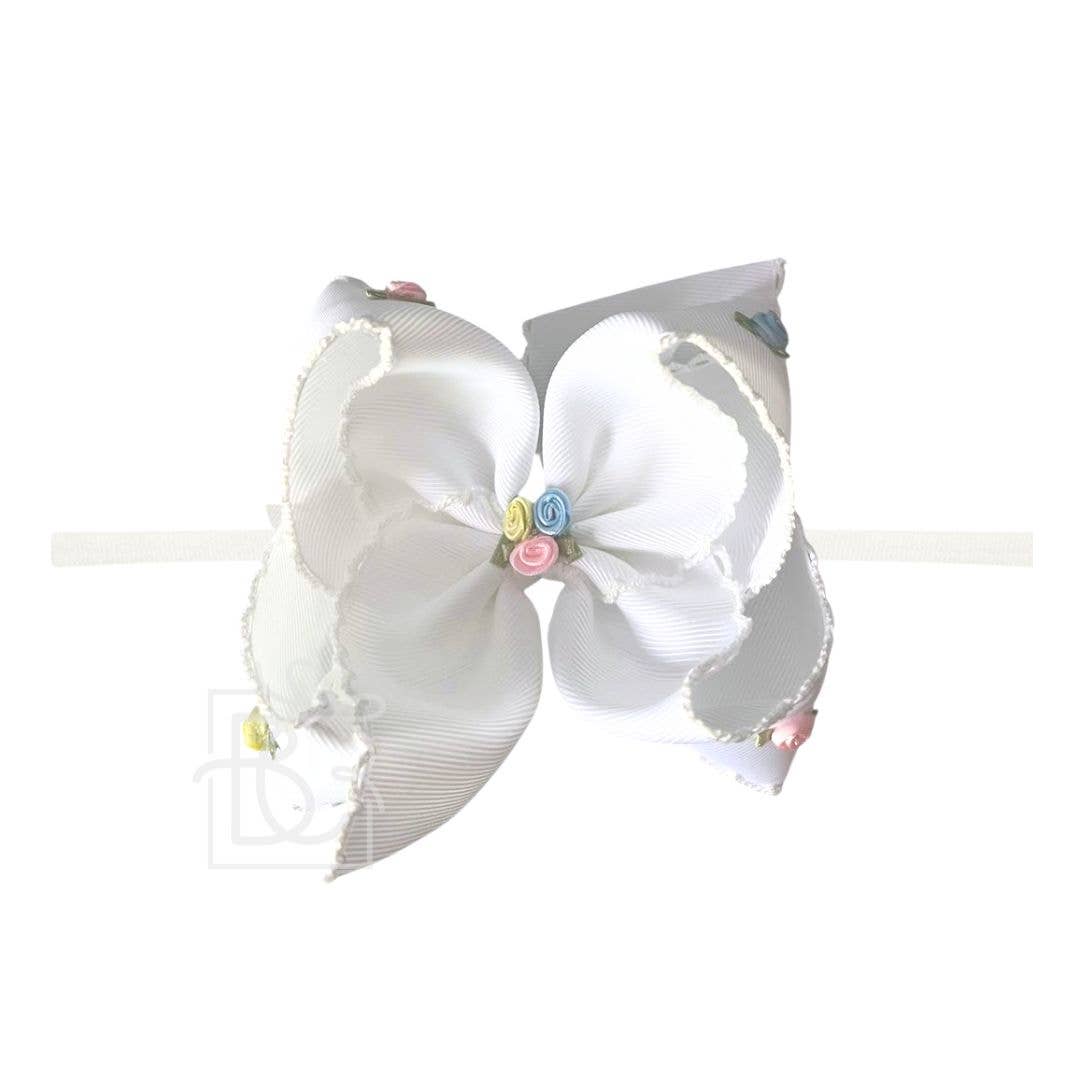 Beyond Creations, LLC - 1/4" PANTYHOSE HDBD W/ FLOWER EMBELLISHED CROCHET EDGE BOW: Antique White w/ Antique White Crochet Edge / 3.5" Medium