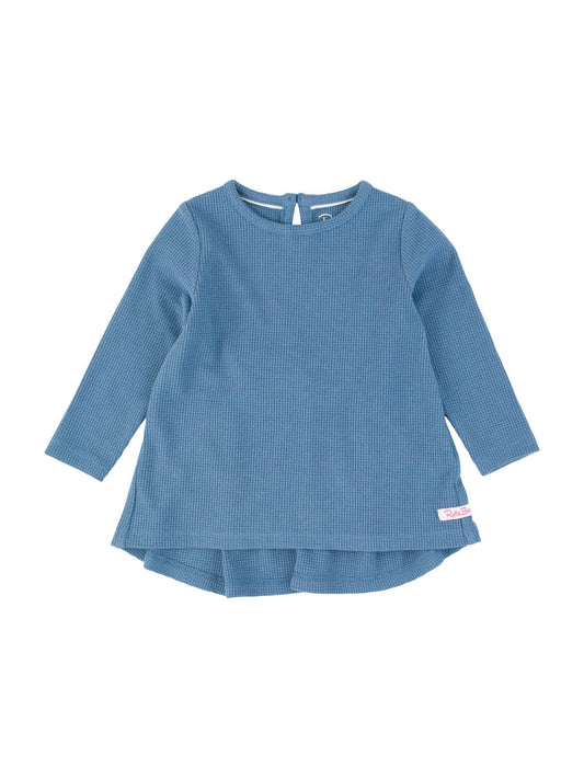 RuffleButts + RuggedButts - Girls Countryside Blue Waffle Knit Long Sleeve Bow Back Top