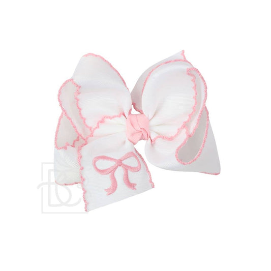 Beyond Creations, LLC - EMBROIDERED BOW CROCHET EDGE HAIR BOW ON ALLIGATOR CLIP : White w/ Light Pink Crochet Edge & Light Pink Embroidered Bow / 5.5" Huge