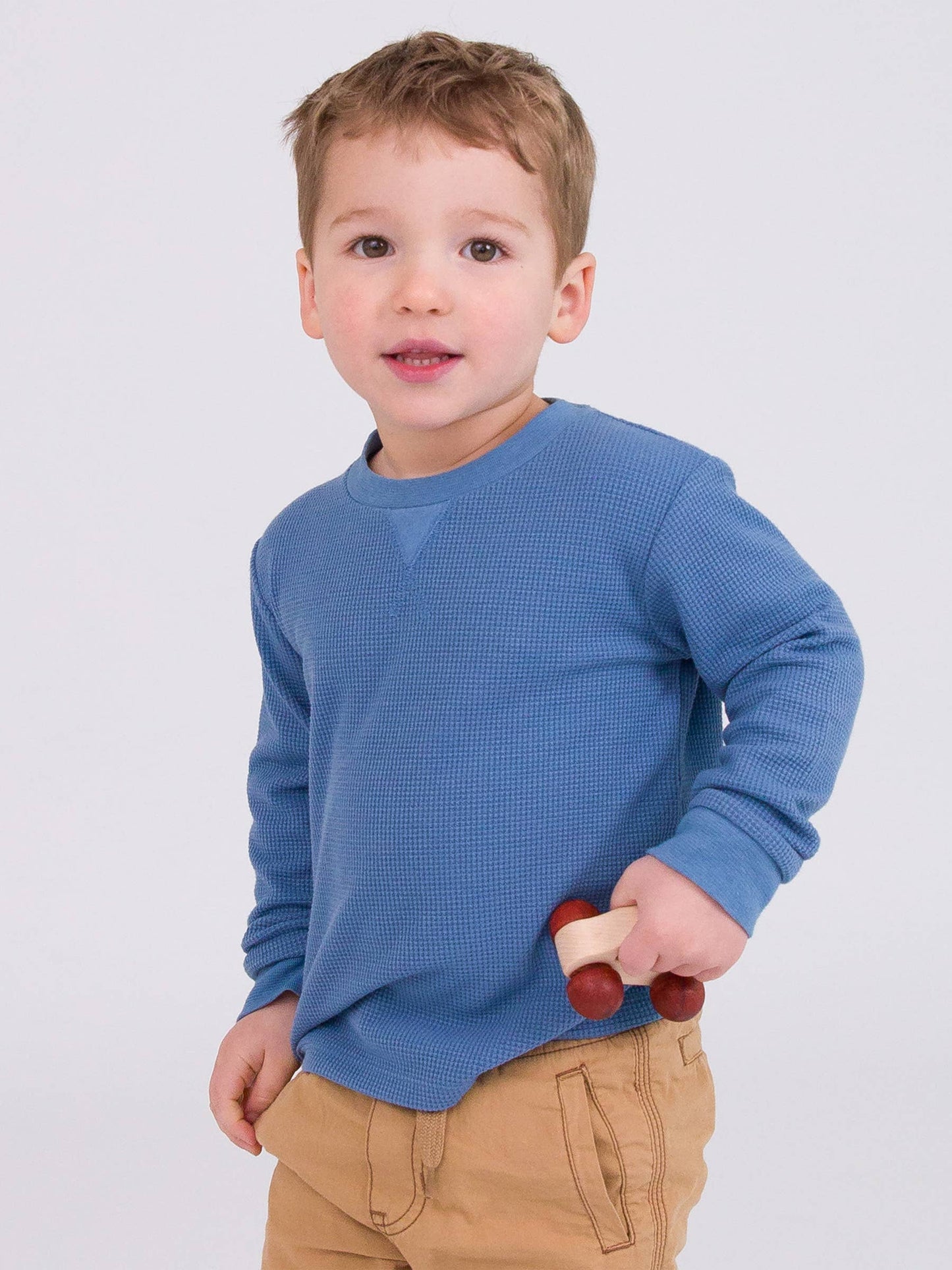 RuffleButts + RuggedButts - Boys Countryside Blue Waffle Knit Long Sleeve Crew Neck Shirt