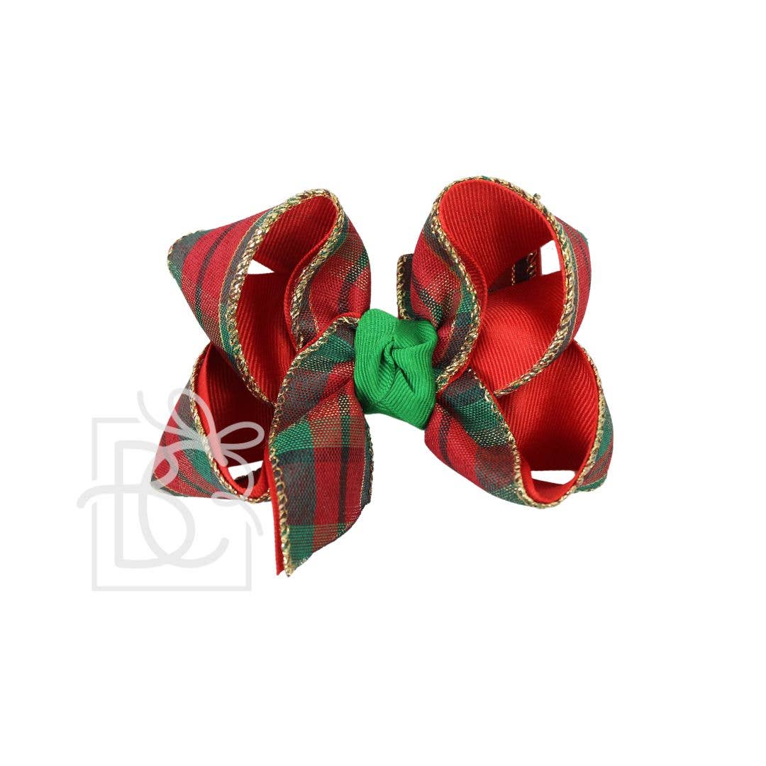 Beyond Creations, LLC - Layered Christmas Plaid Bow: 4.5" Large - 1.5" Ribbon on Alligator Clip / Red/ Red & Royal Blue Plaid