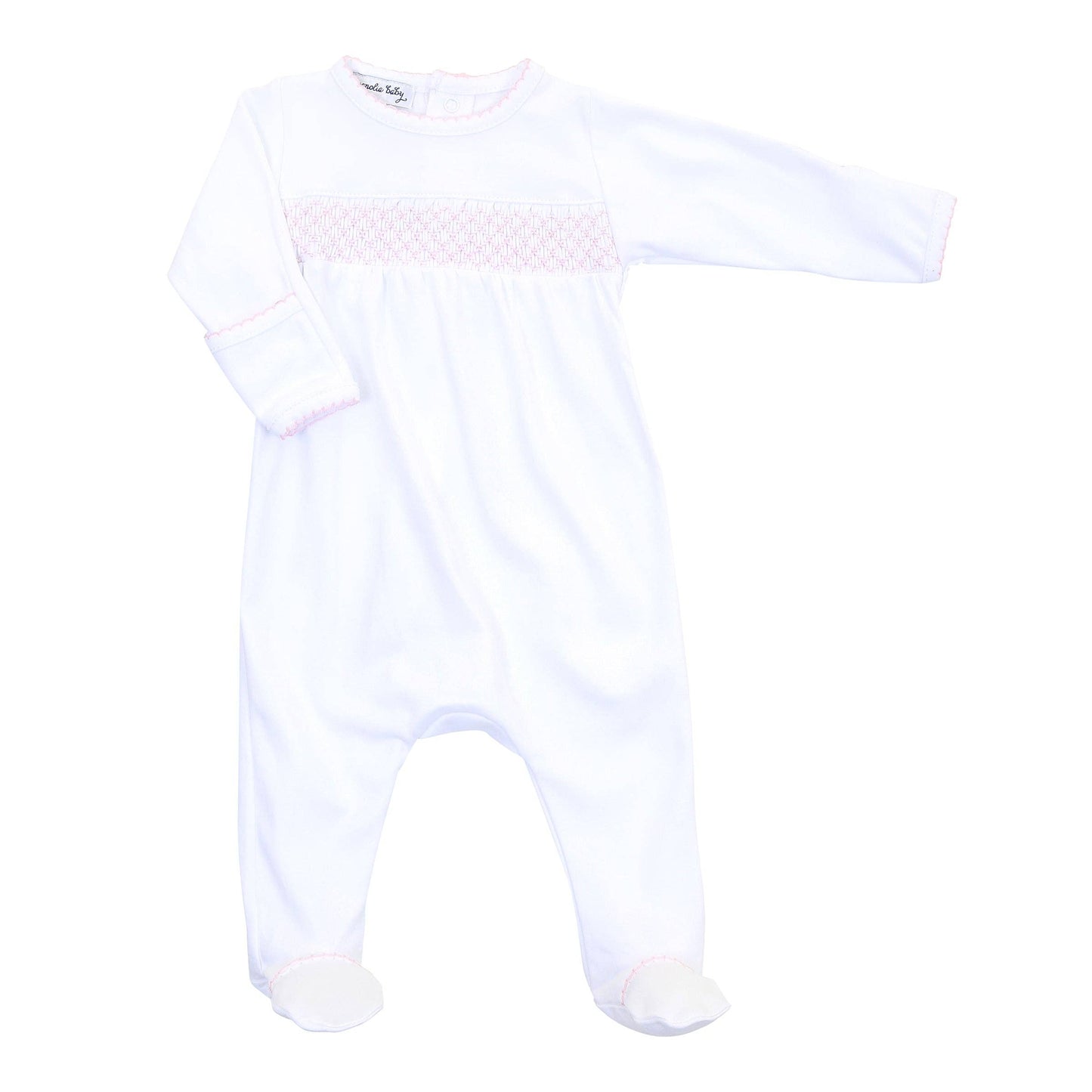 Magnolia Baby - Essentials White with Pink Trim Smocked Footie