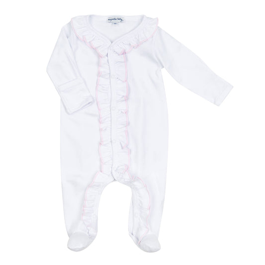 Magnolia Baby - Solid Essentials White Pink Ruffle Footie