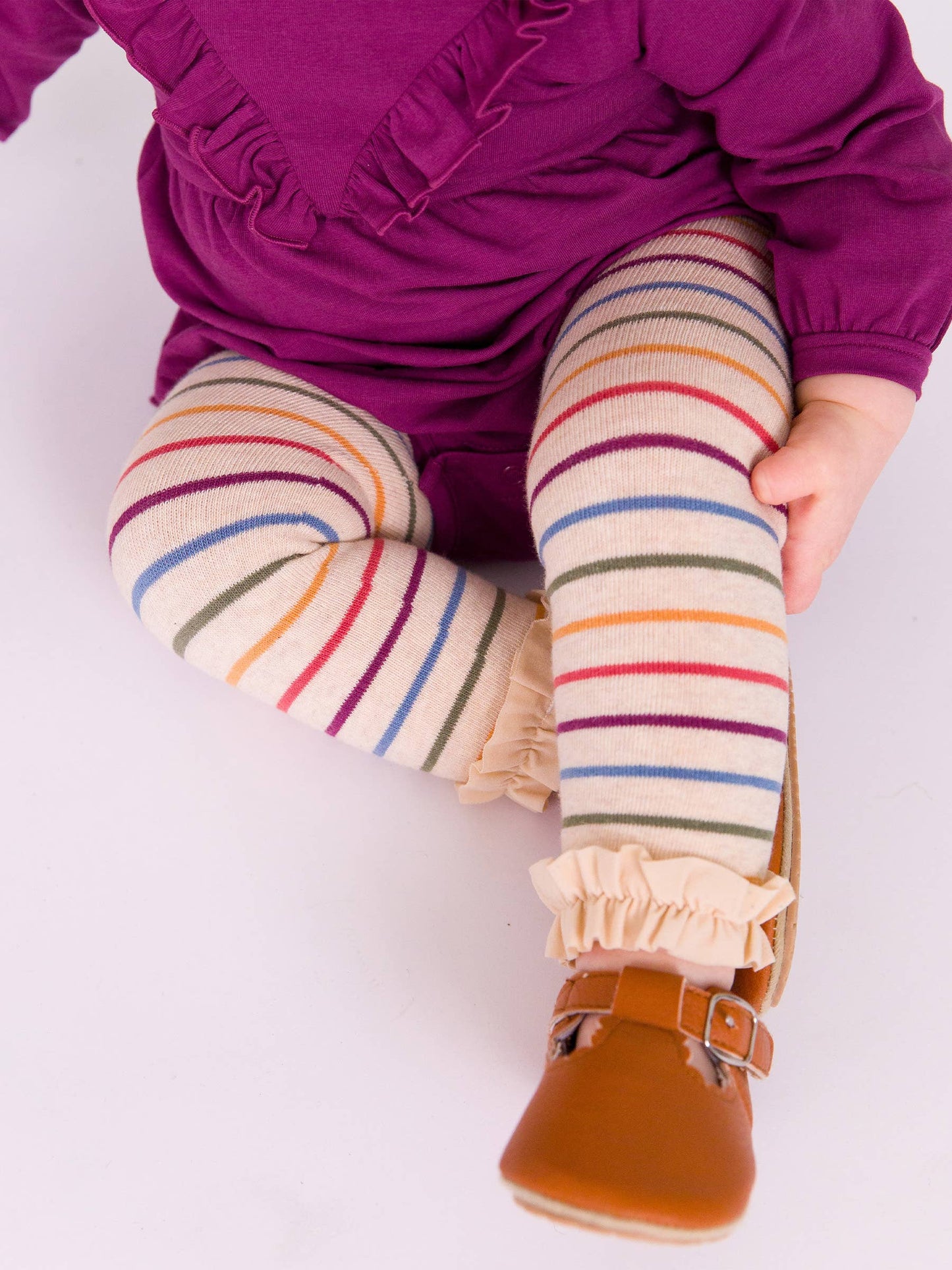 RuffleButts + RuggedButts - Girls Countryside Rainbow Stripe Patterned Footless Ruffle Tights