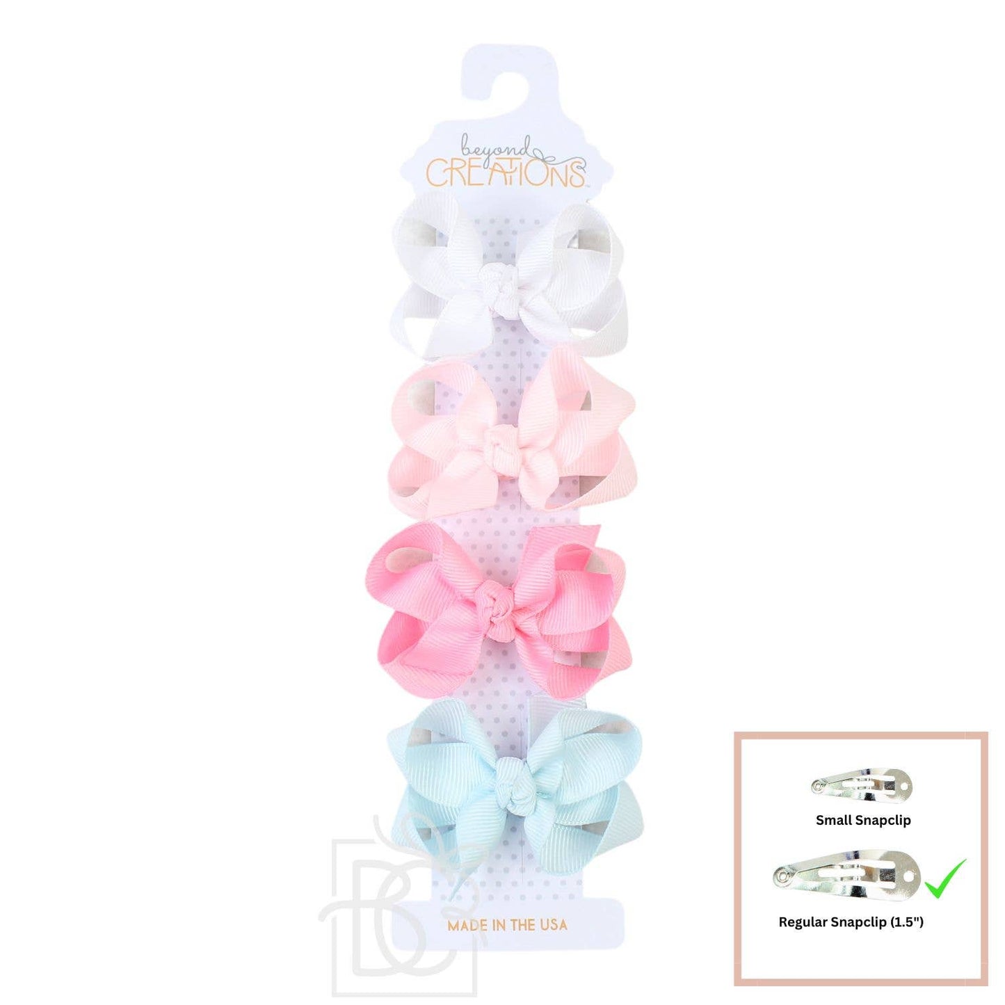 Beyond Creations, LLC - 4 PACK - 3" SMALL GROSGRAIN BOWS ON SNAP CLIP: Combo 1 - 4 Pack: White; Powder Pink; Pink; Powder Blue