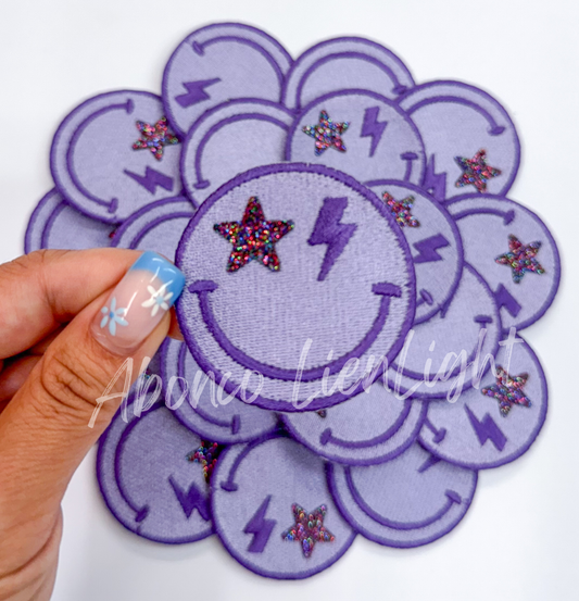 ABLN Boutique - Purple Glitter Star Bolt Smiley Face- Iron on Patch