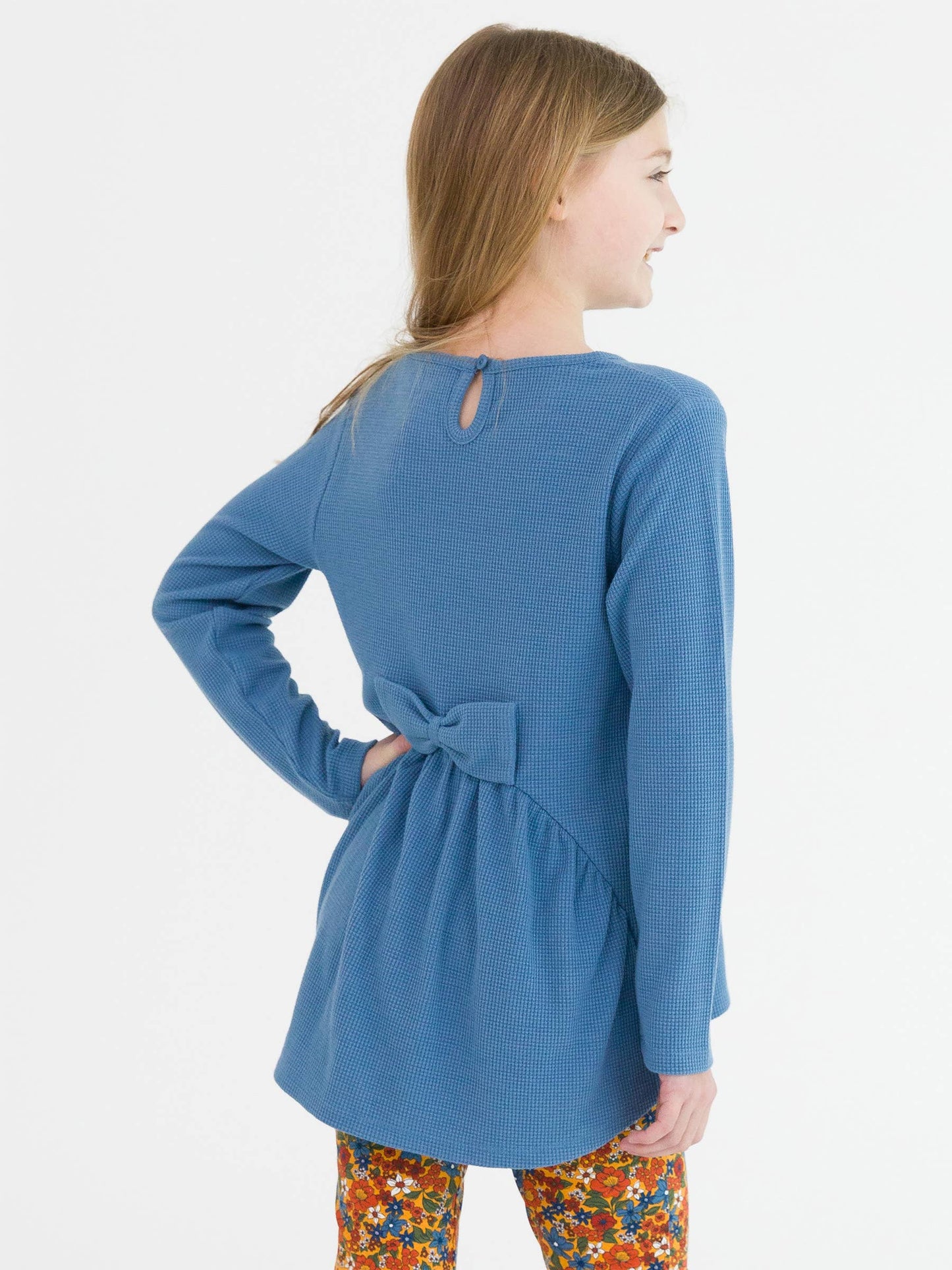 RuffleButts + RuggedButts - Girls Countryside Blue Waffle Knit Long Sleeve Bow Back Top