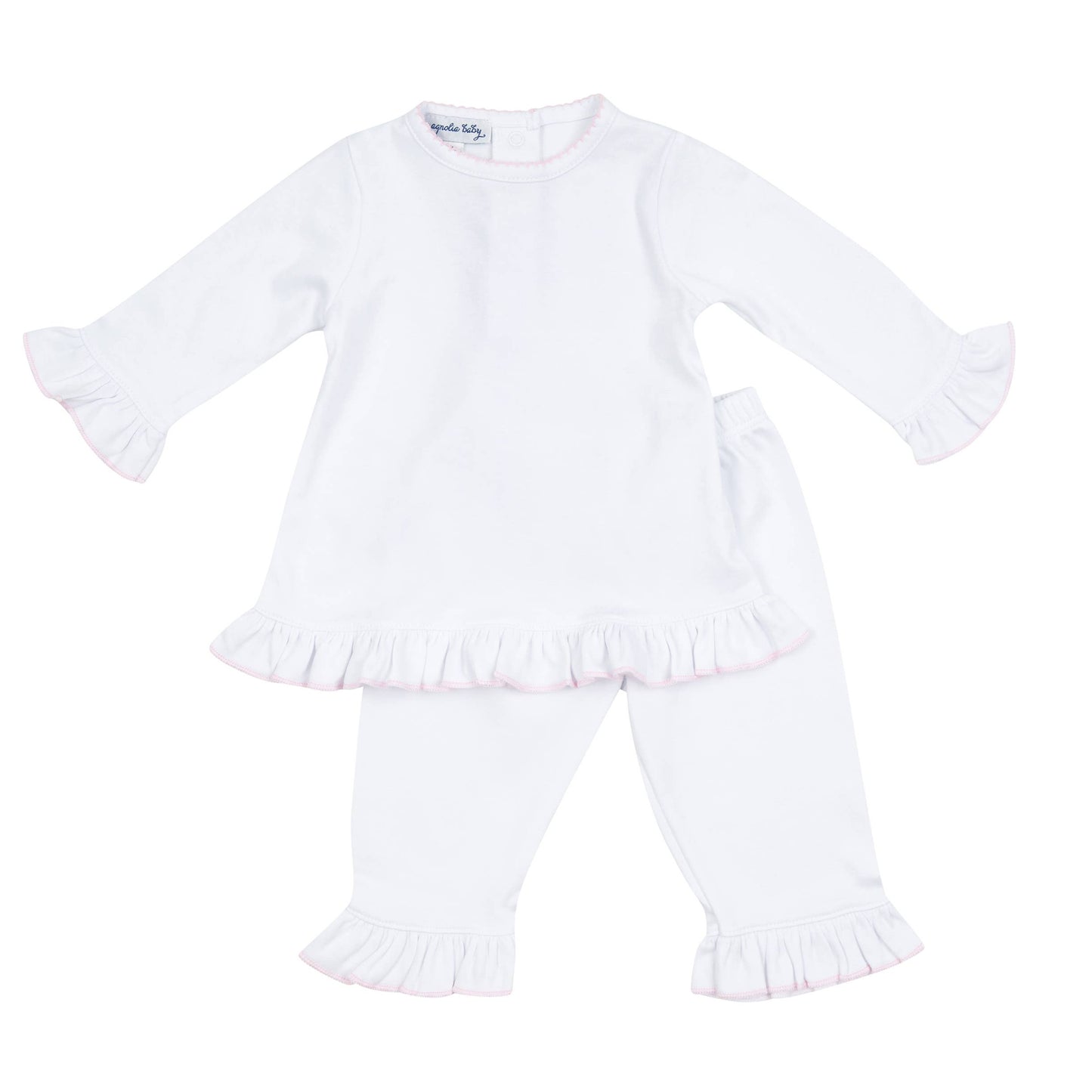 Magnolia Baby - Solid Essentials White Pink Ruffle 2pc Pant Set: 9 Months